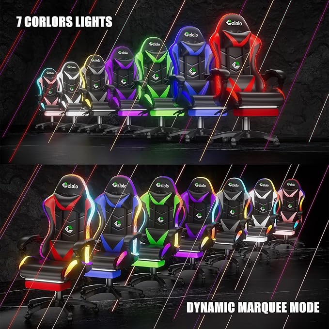 Gaming Chair Racing Style RGB LED Lights Gaming Chairs for Adults and Kids Lumbar Massager Gamer Chair High Back Reclining Computer Chair with Footrest and Headrest (Black/Red)