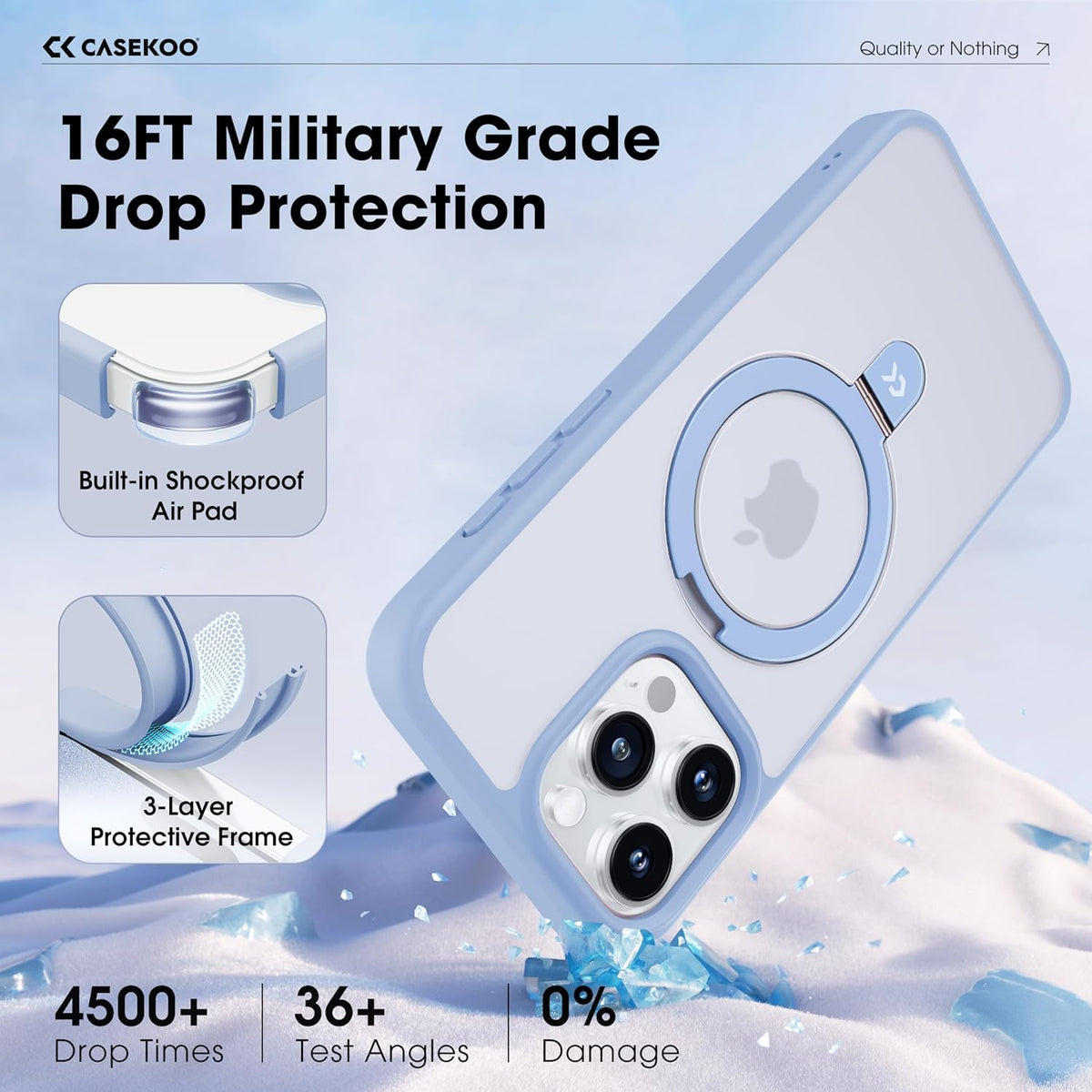 CASEKOO Designed for iPhone 15 Pro Case with Magnetic Invisible Stand [Military Drop Protection] [Compatible with MagSafe] Shockproof Slim Translucent Matte Pro Case 6.1 Inch, Light Blue