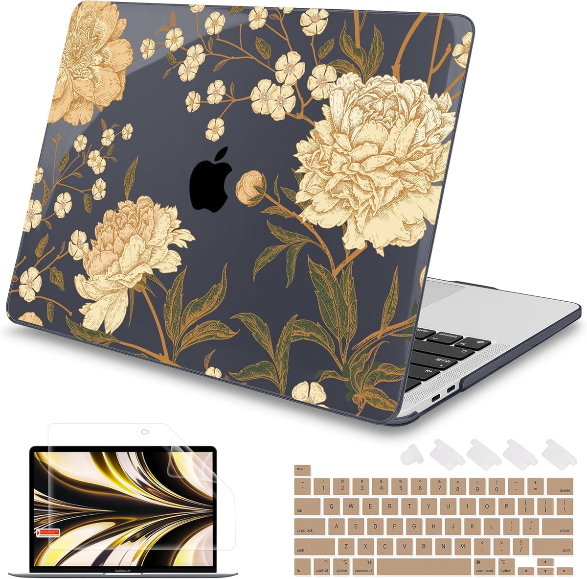 Mektron Case for MacBook Pro 16 Inch A2141 Cover 2019 Release 16" with Liquid Retina Display/Touch ID, Plastic Hard Shell with Keyboard Skin & Screen Protector & Dust Plug, Peony Flowers C186