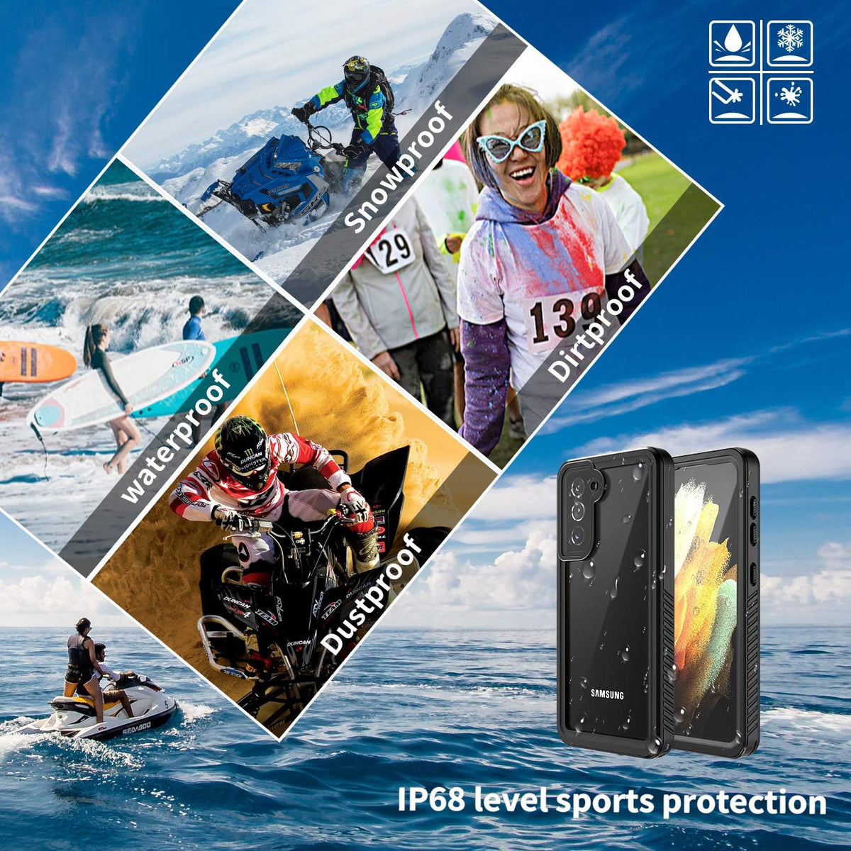Samsung Galaxy S21 Waterproof Case, IP68 Certified Dustproof Shockproof Rugged Cover with Built-in Screen Protector