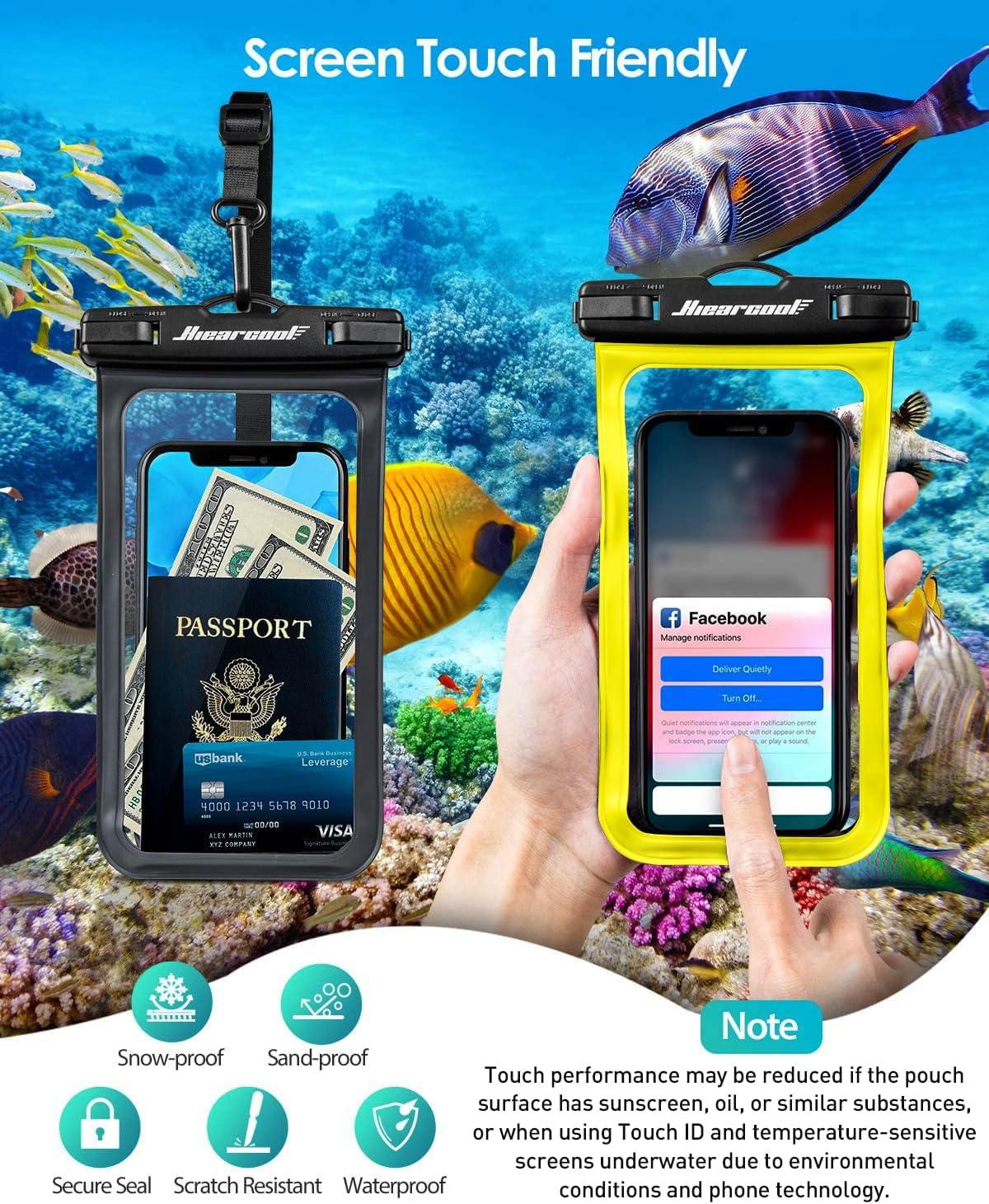 Hiearcool Waterproof Phone Pouch,Waterproof Cell Phone Dry Bag for iPhone,Universal Waterproof Case Beach Essentials for Vacation Kayak Cruise Accessories Must Haves-Black&Yellow-2Pack
