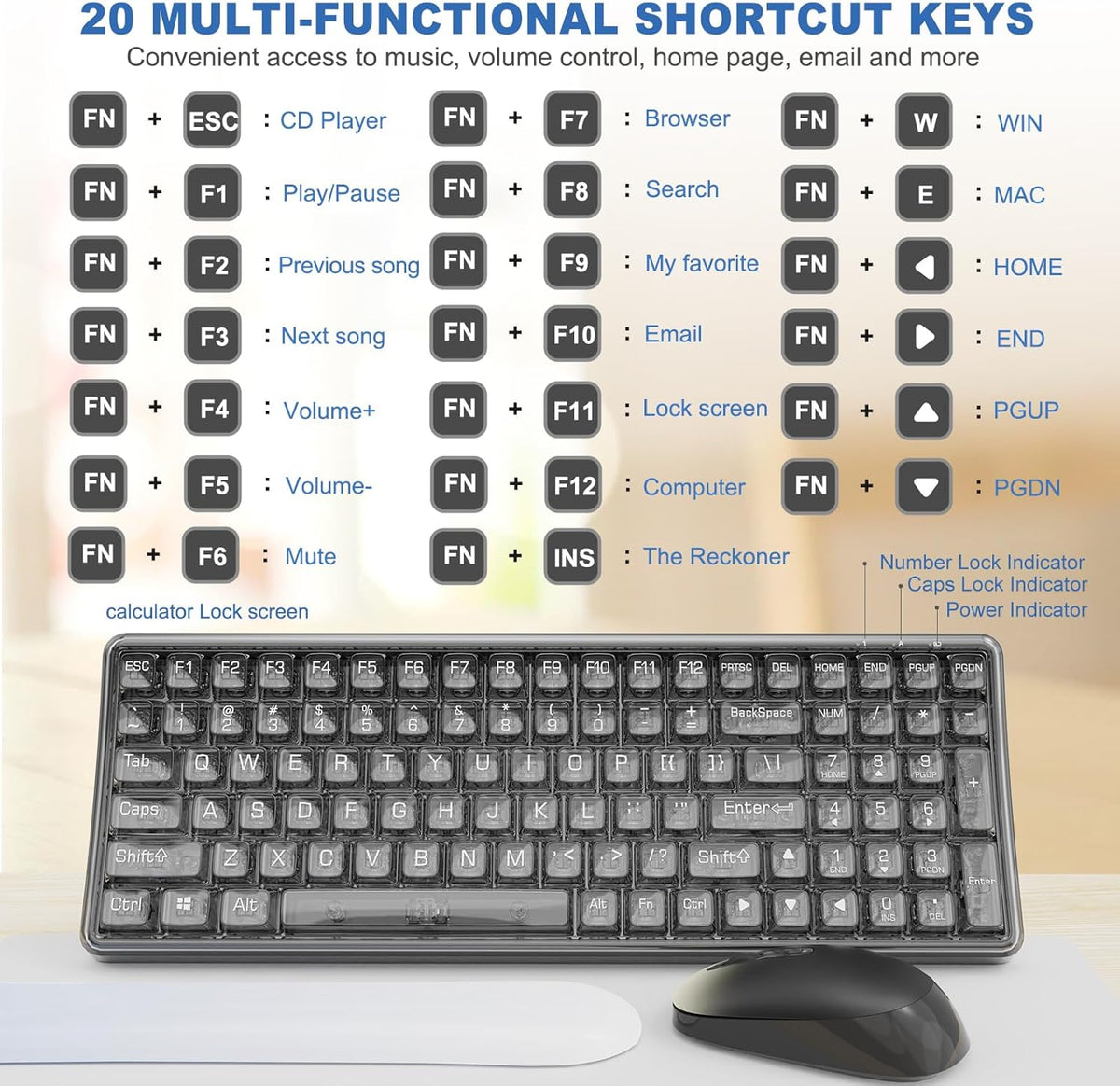 Wireless Transparent Keyboard and Mouse Combo with Soft Wrist Rest, Ergonomic Full-Size with Clear Keycaps, Compatible