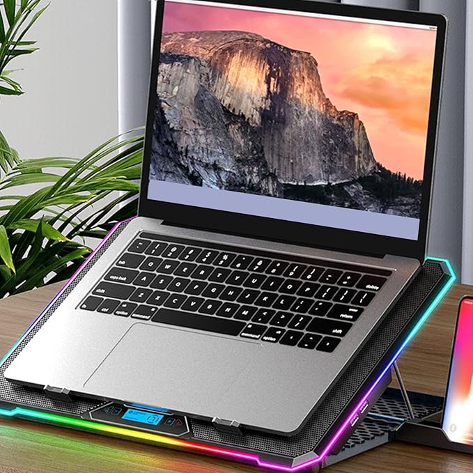 PUSOKEI Gaming Laptop Cooling Stand 10 Fans 5 Speeds RGB Light Strip 10 Modes with 2 USB Ports for 12-19 Inch Laptops Tablets Smartphones (14 Fans)