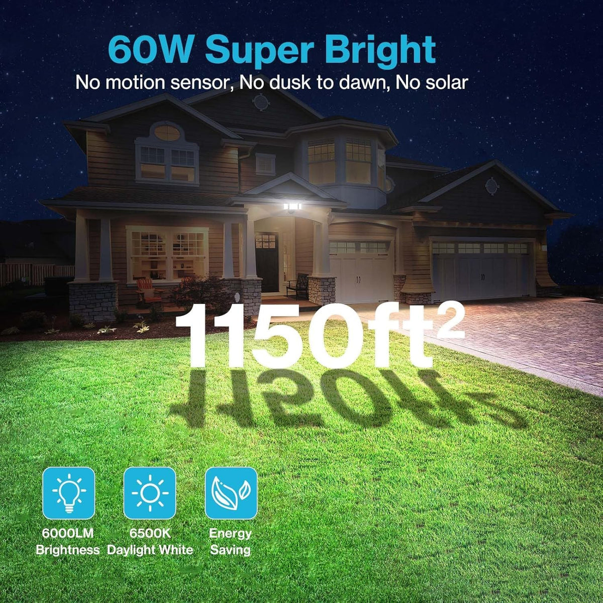 Olafus 60W Flood Lights Outdoor 2 Pack, Switch Controlled LED Security Lights 6000LM, 6500K Outside Floodlight, IP65 Waterproof Exterior Light Fixture