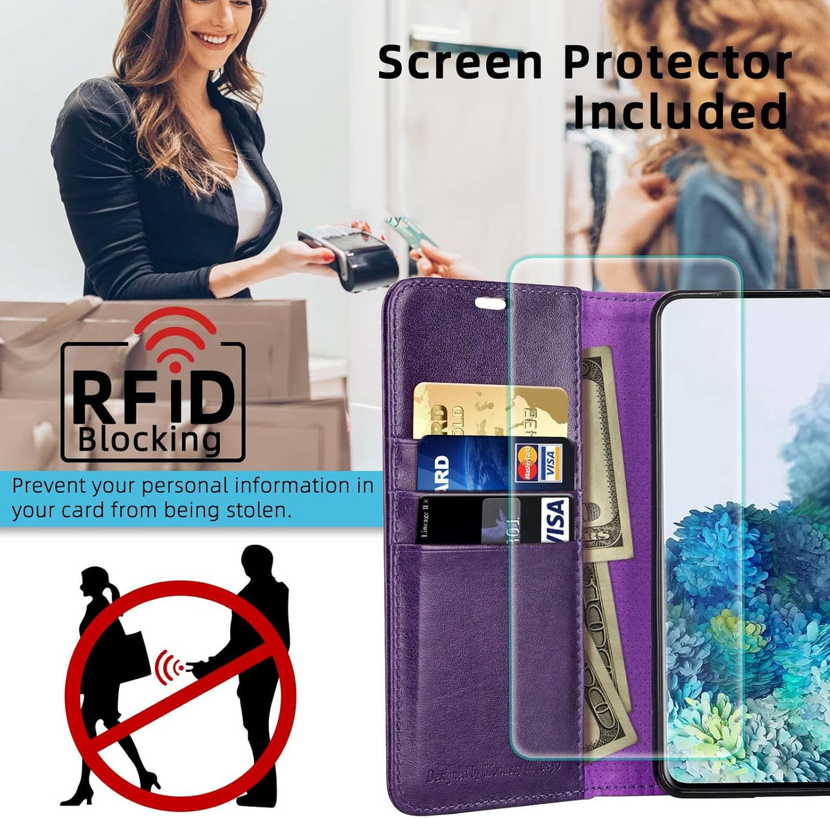 MONASAY Purple Wallet Case for Galaxy S21+ Plus 5G, 6.7" - RFID Blocking, Flip Folio, Credit Card Holder, Screen