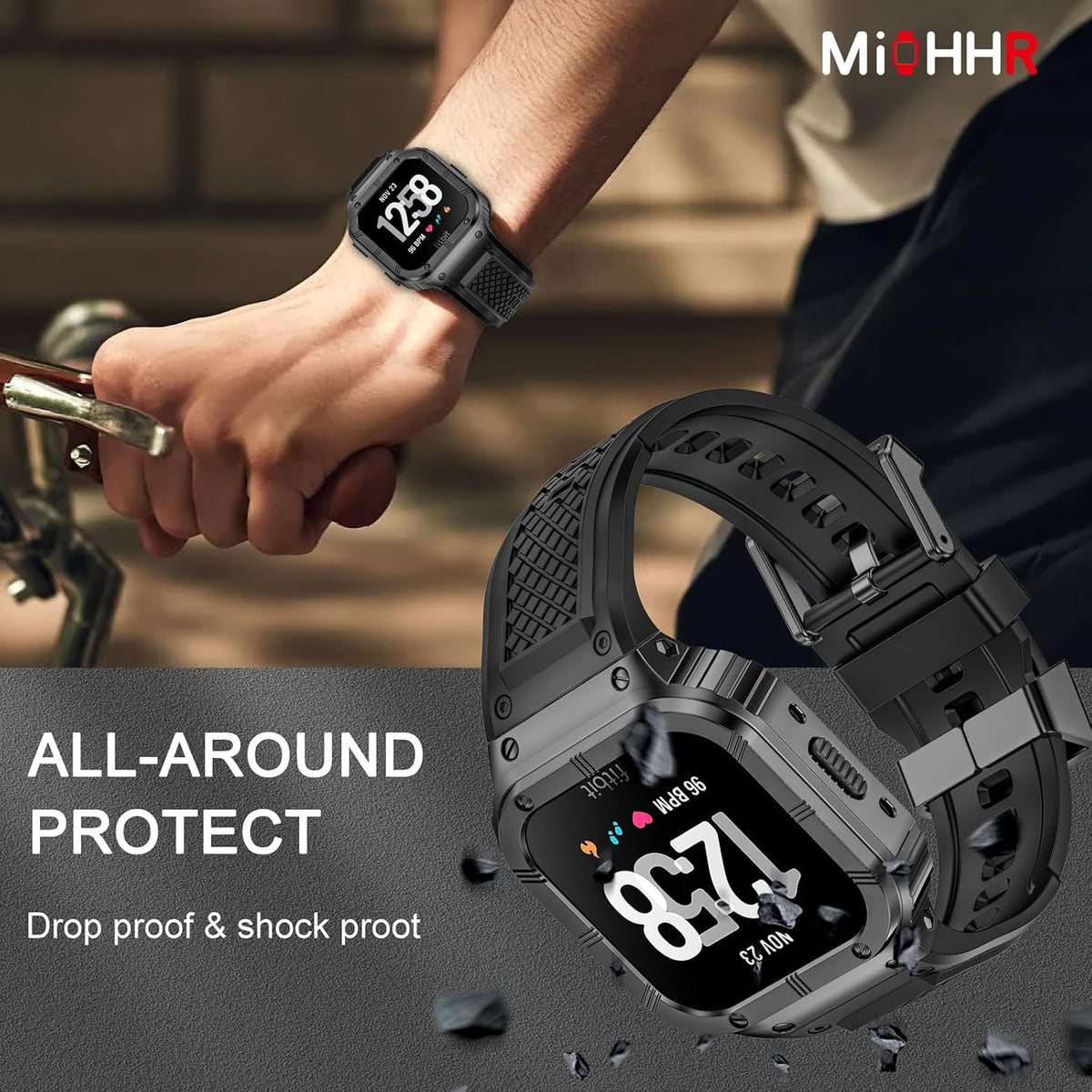 MioHHR Stainless Steel Case and Band Compatible with Fitbit Versa 4/3/2/Lite/Sense/Sense 2 Bands with Metal Case, Rugged Sports Protector Cover Silicone Wristbands for Men, Grey