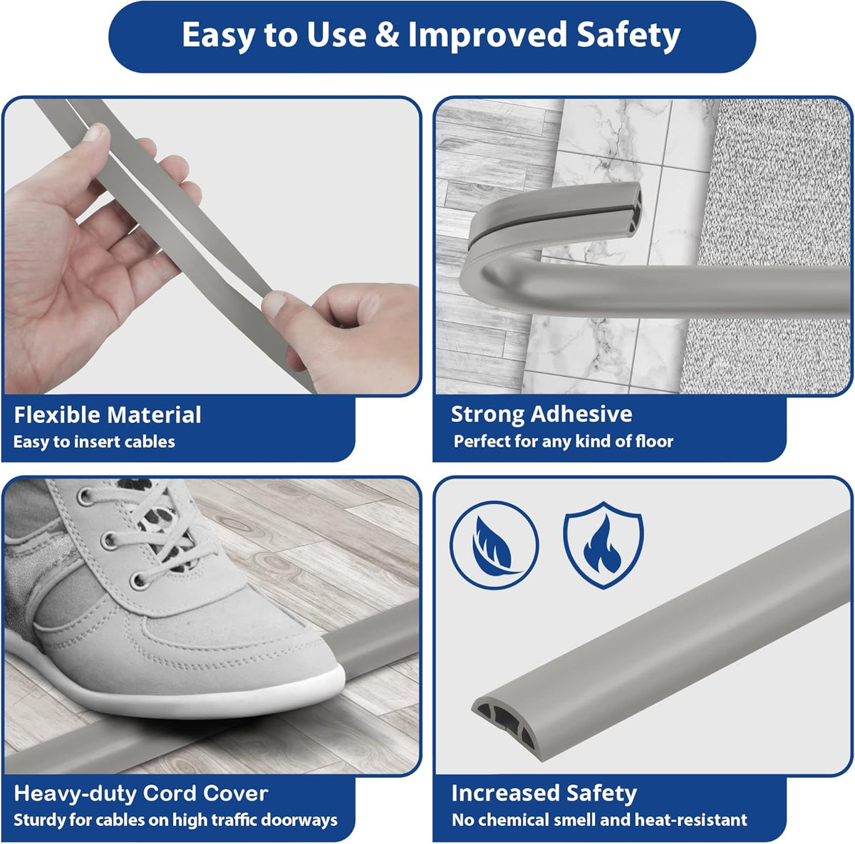Floor Cord Cover 10ft, Grey Cable Management, Prevent Cable Trips, Cord Protector for Electric Power Cords