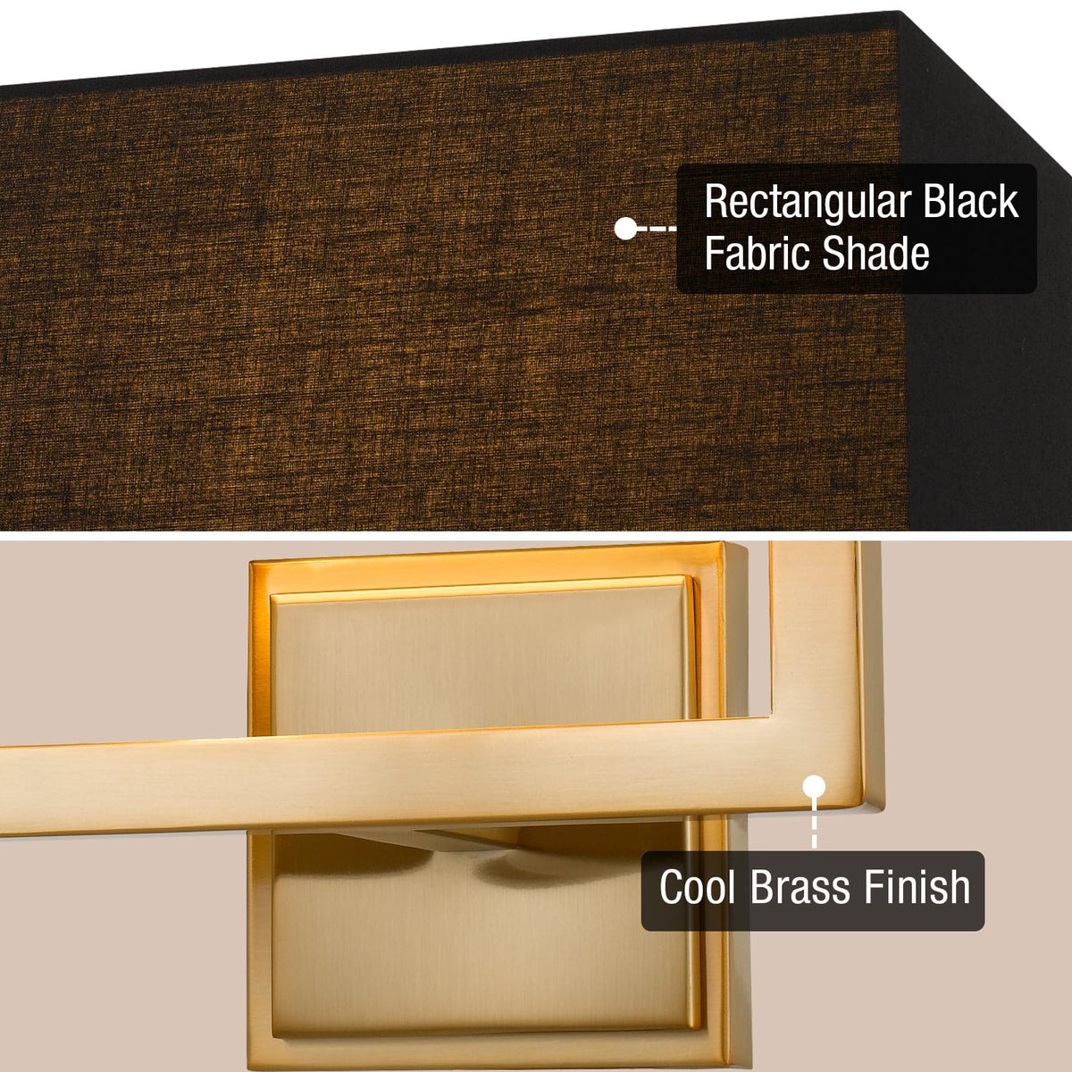 Kira Home Haven 16" 2-Light Modern Gold Wall Sconce with Black Fabric Shade, Mid Century Rectangular Gold Wall Light, Cool Brass Finish