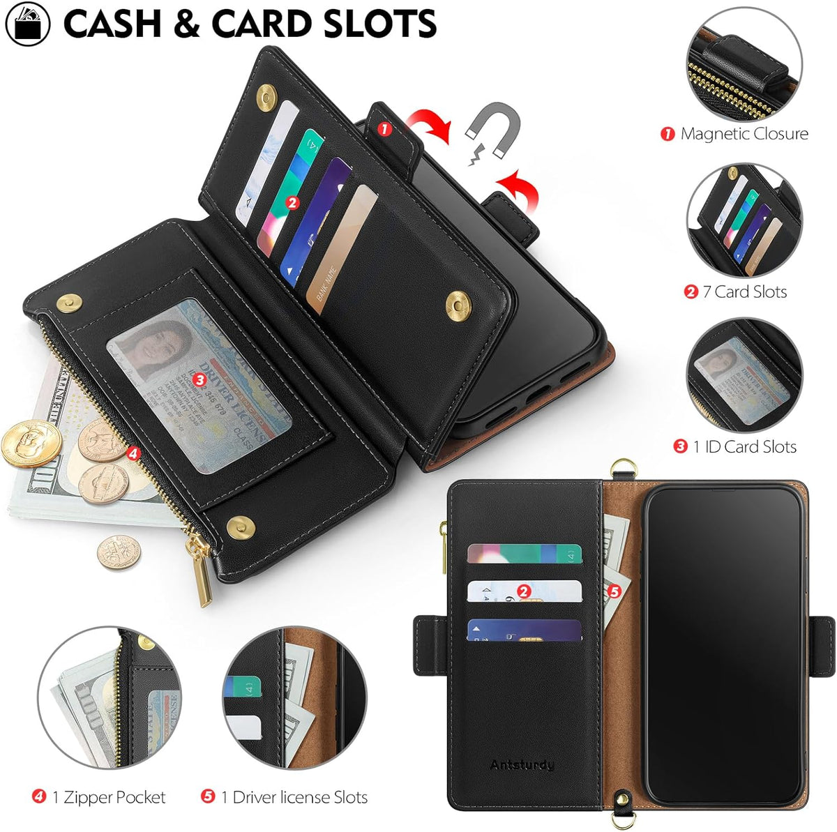 Antsturdy Wallet Case for iPhone 15 Pro Max, RFID Blocking PU Leather Crossbody Phone Case with Zipper Wrist Strap,