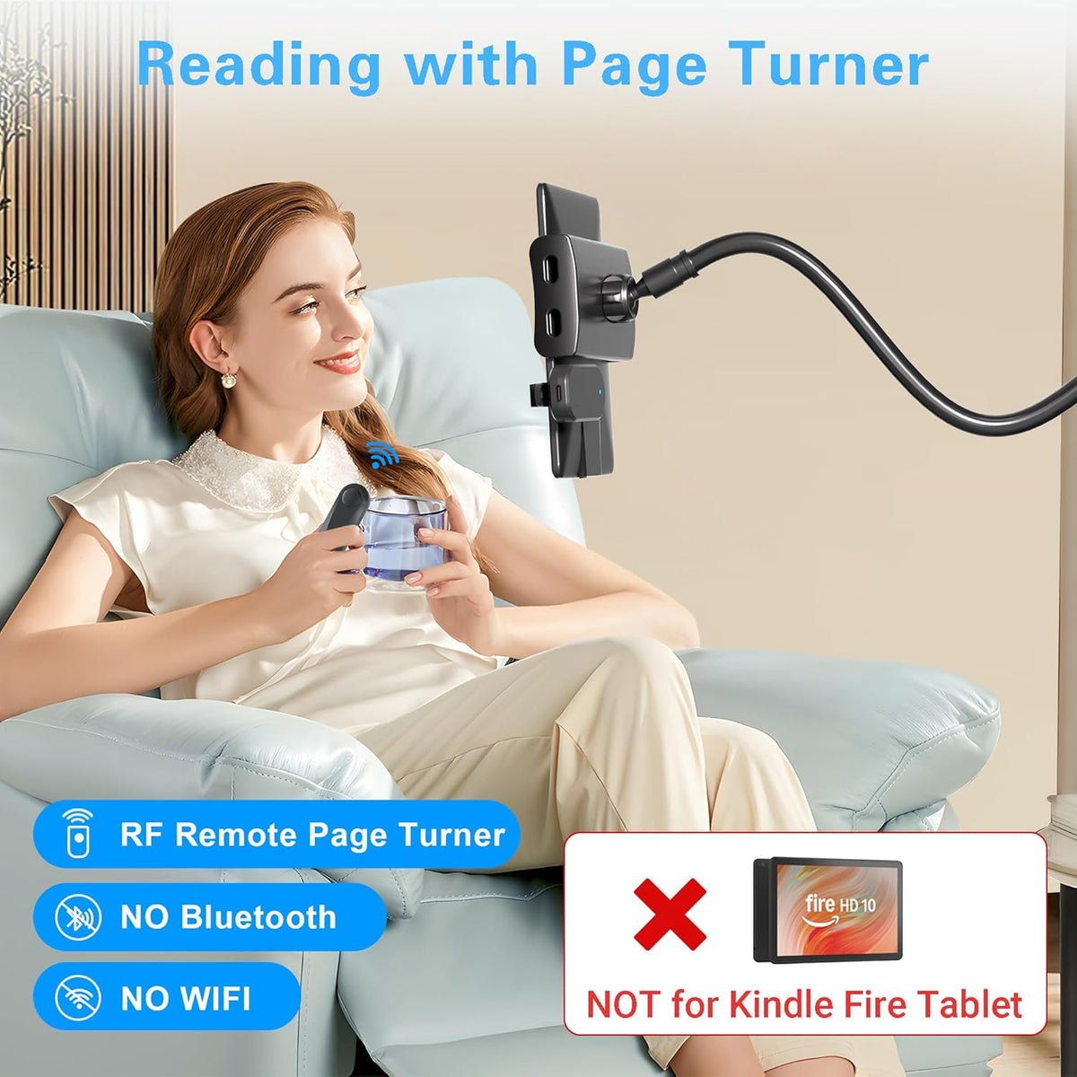 Gooseneck Tablet Holder for Kindle Reading in Bed with Page Turner Remote, Hands Free Desk Bedside Lazy Arm Stand for Kindle Accessories, Gifts for Readers