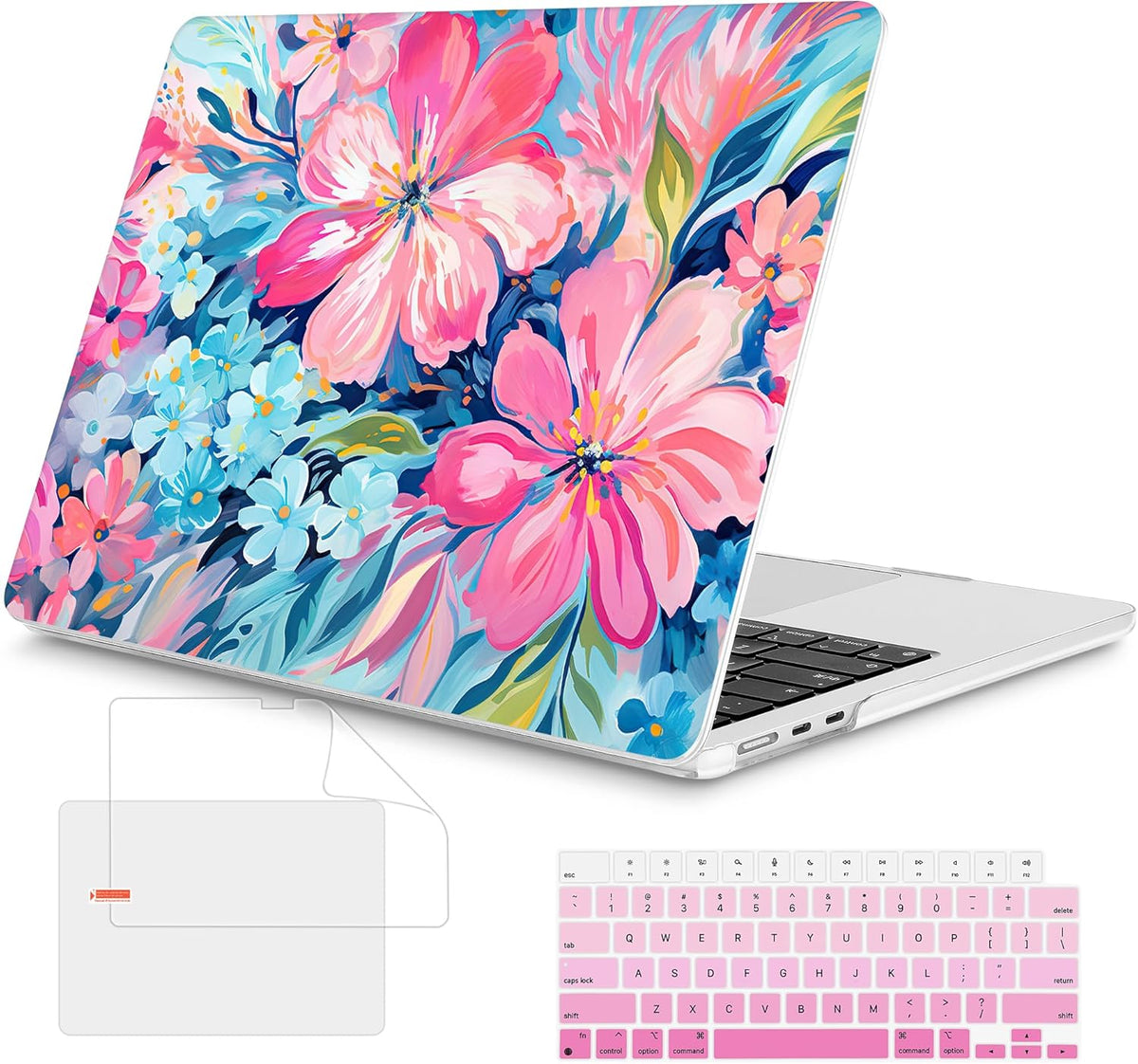 Mektron Compatible with M4 MacBook Air 15 inch Case 2025 A3241 2024 2023 M3 A3114 A2941 M2 Liquid Retina Display Touch ID, Plastic Hard Case & Keyboard Skin & Screen Protector - Hand-Painted Flowers