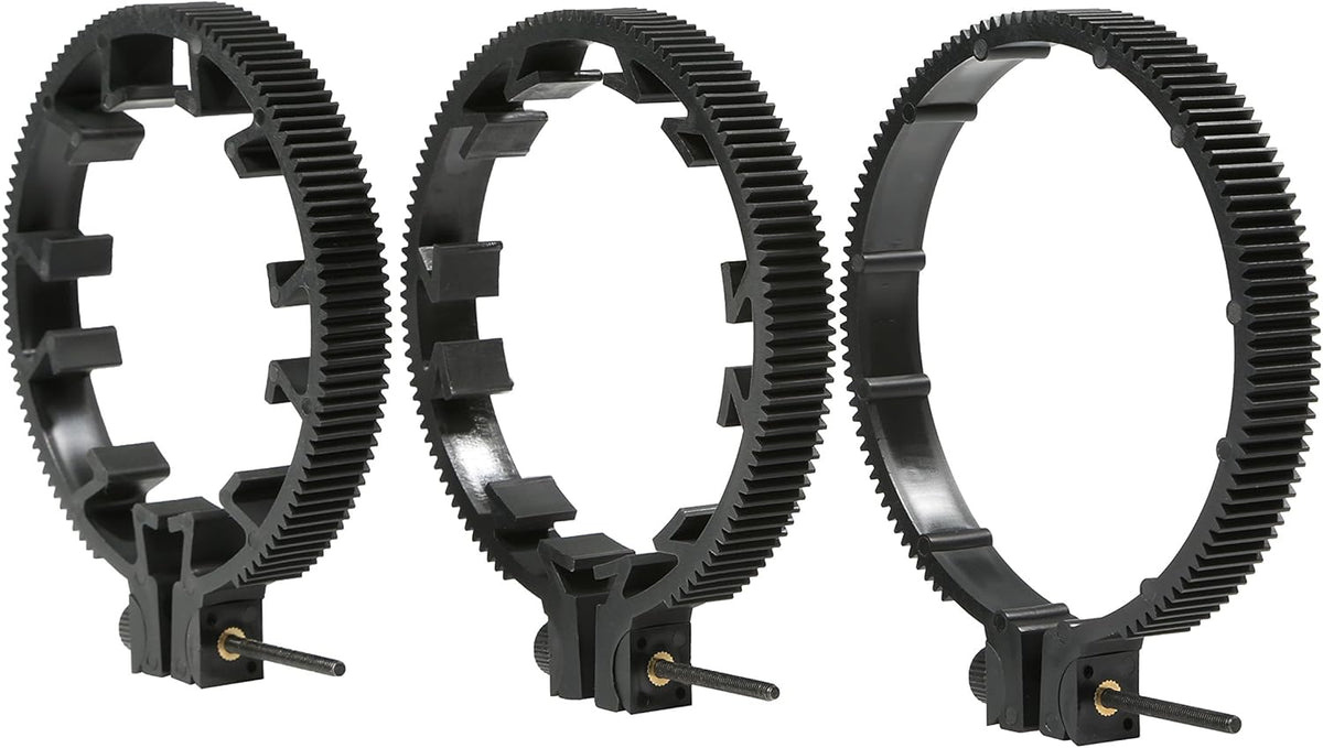 Movo FR3 Adjustable Follow Focus Ring Set of 3, 65mm, 75mm, and 85mm Lens Gear Rings, Standard 32 Pitch - 0.8 mod