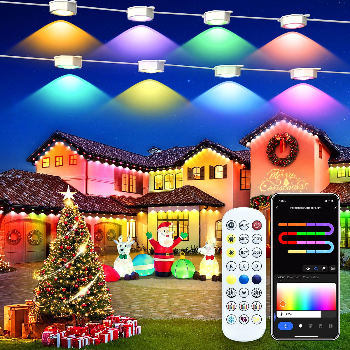 Smart Permanent Outdoor Lights for House, 150ft with 72 RGB+IC Permanent Outdoor Lights, P67 Waterproof with DIY Scene for Halloween Christmas Decor