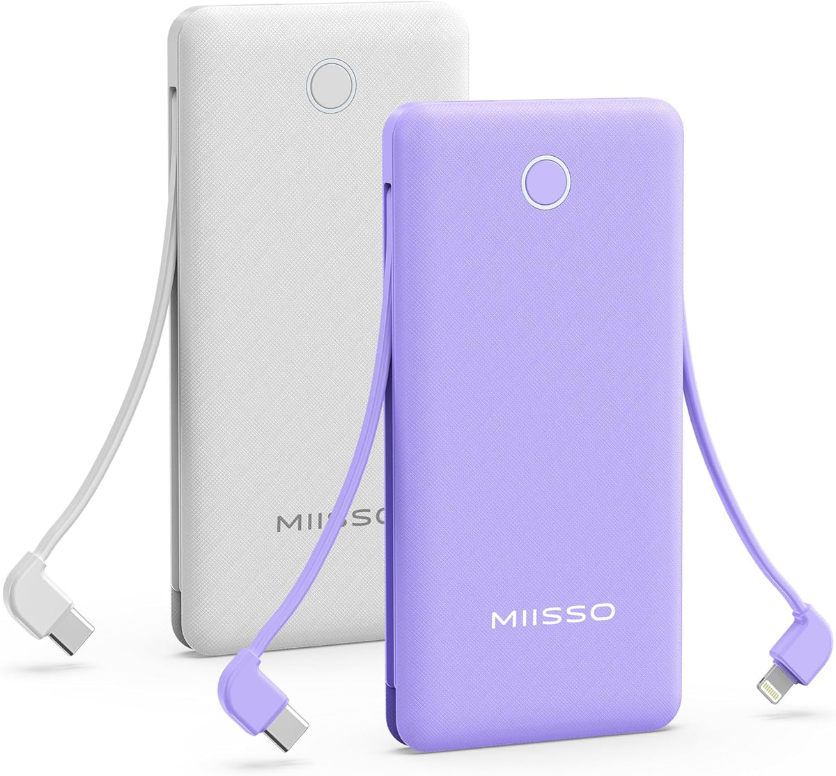10000mAh Slim Portable Charger with Built in Cable, Power Bank Travel Charger External Battery Pack for Phone, 4 Output USB Type C Cord Clutch Charger Compatible with iPhone, 2 Pack White & Purple