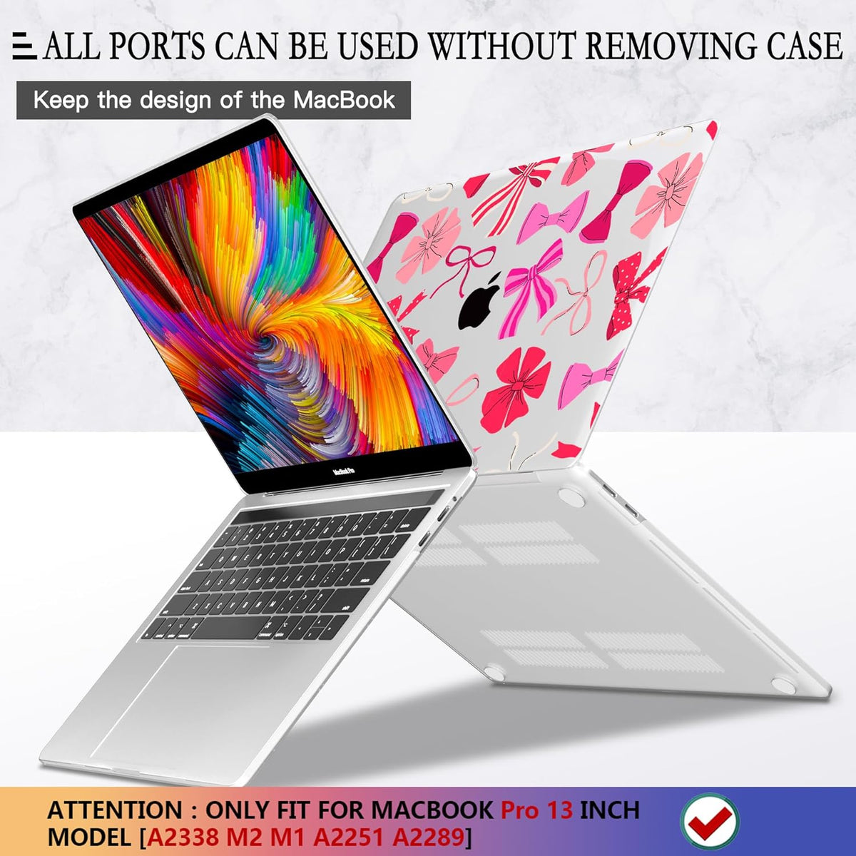CISSOOK Compatible with MacBook Pro 13 inch 2025-2016 Release M2 M1 Chip A2338 A2251 A2289 A2159 A1989 A1706 Model, Plastic Hard Shell Case with Keyboard Cover&Screen Protector, Pink Bows