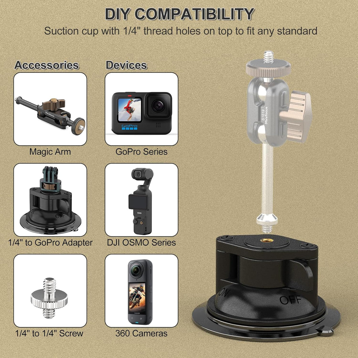 Suction Cup Mount, Windshield Suction Mount Bracket, Single Suction Base with 1/4" Female Threaded for Magic Arm Gopro Adapter