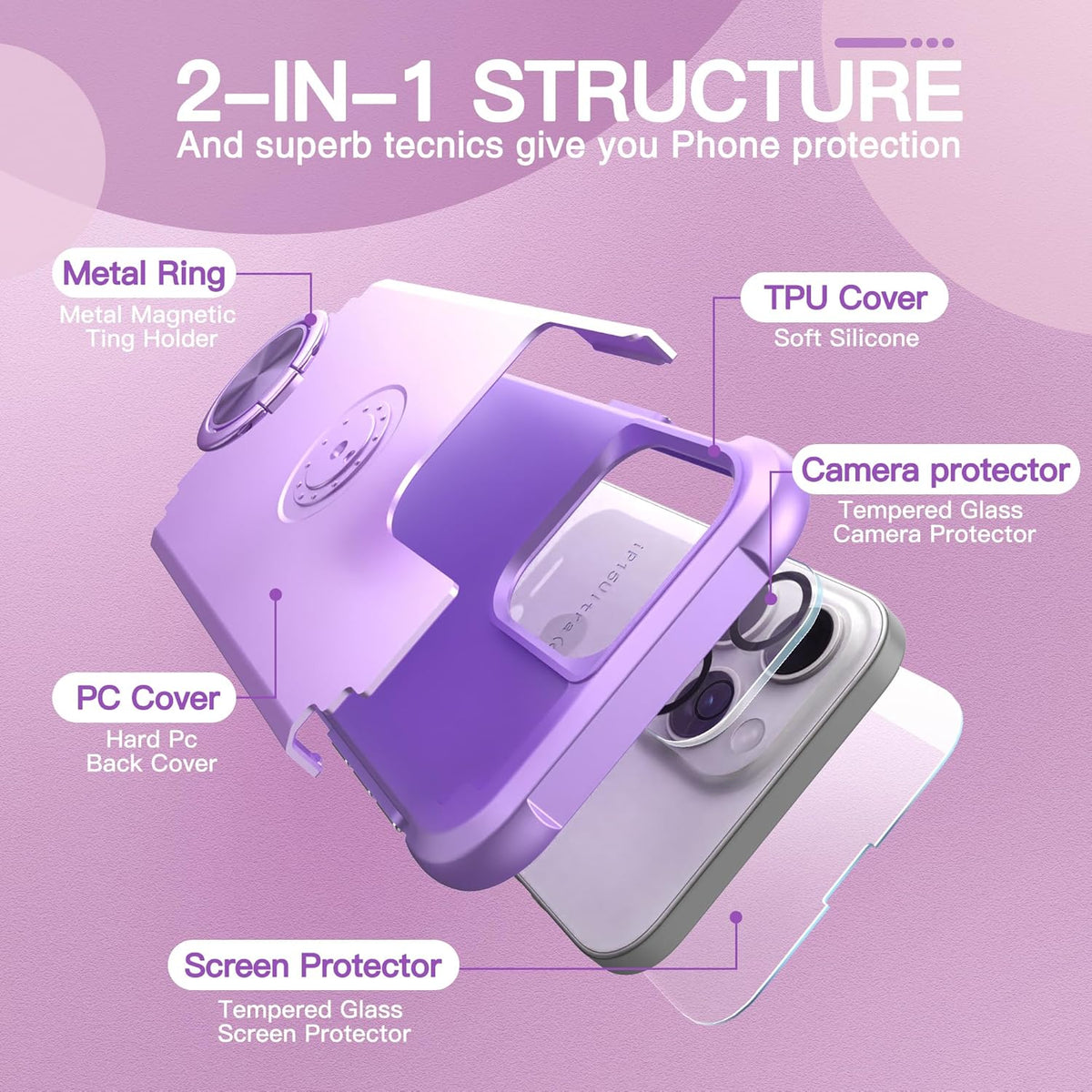 IDweel iPhone 13 Pro Max Case - Purple, 2-in-1 Shockproof with Screen Protector, 360° Ring Holder, Camera Lens