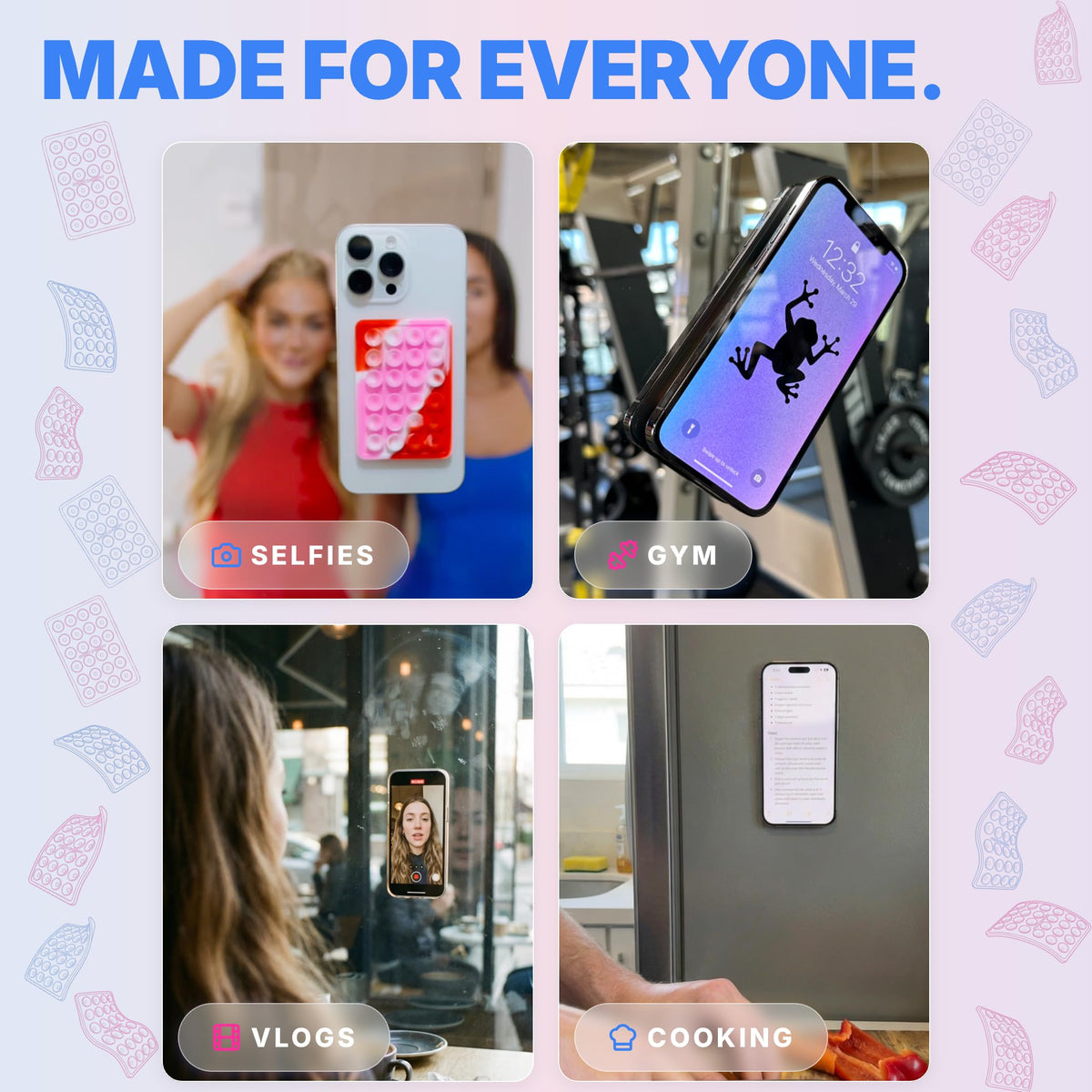 StickyGrippy Suction Phone Case Mount, Sillicon Adhesive Phone Accessory for iPhone and Android, Hands-Free Strong Grip Mirror Shower Phone Holder