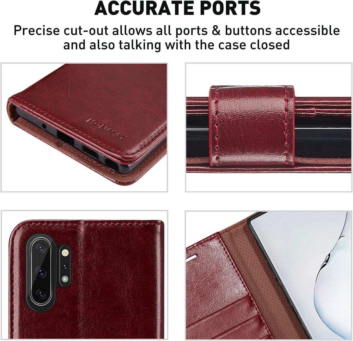 MONASAY Wallet Case for Galaxy Note 10+ Plus, 6.8 inch Flip Folio Leather Cell Phone Cover with RFID Blocking, Burgundy
