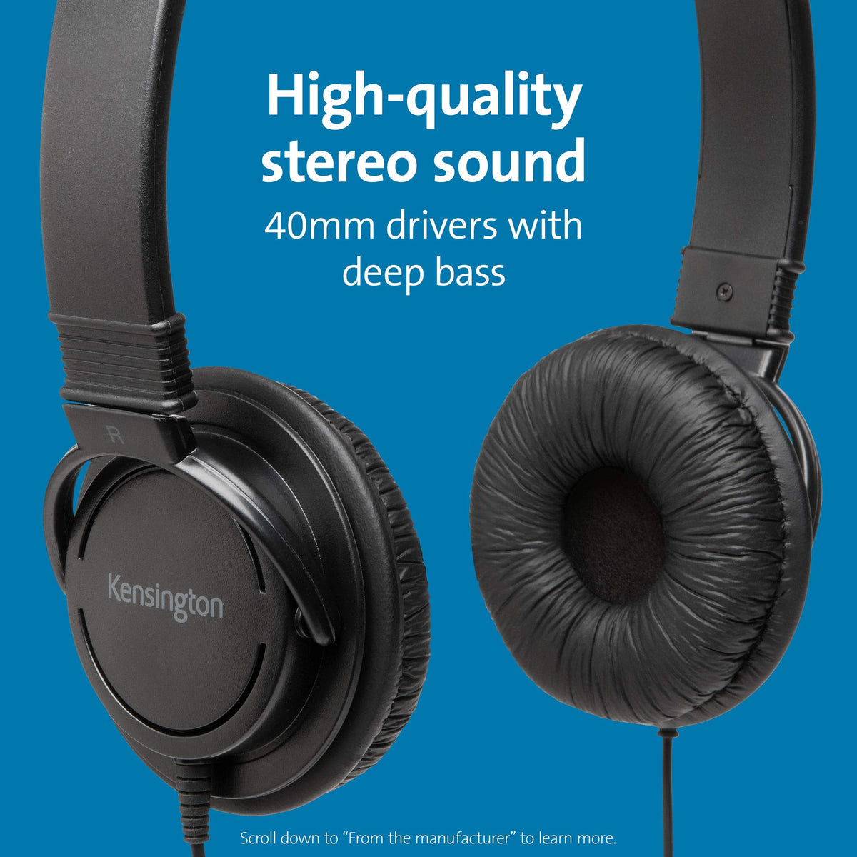 Kensington USB-A Hi-Fi Headphones, On-Ear Headset, 6ft Cord, for Kids, for Adults, for School, Padded Adjustable Headband (K97600WW), Black