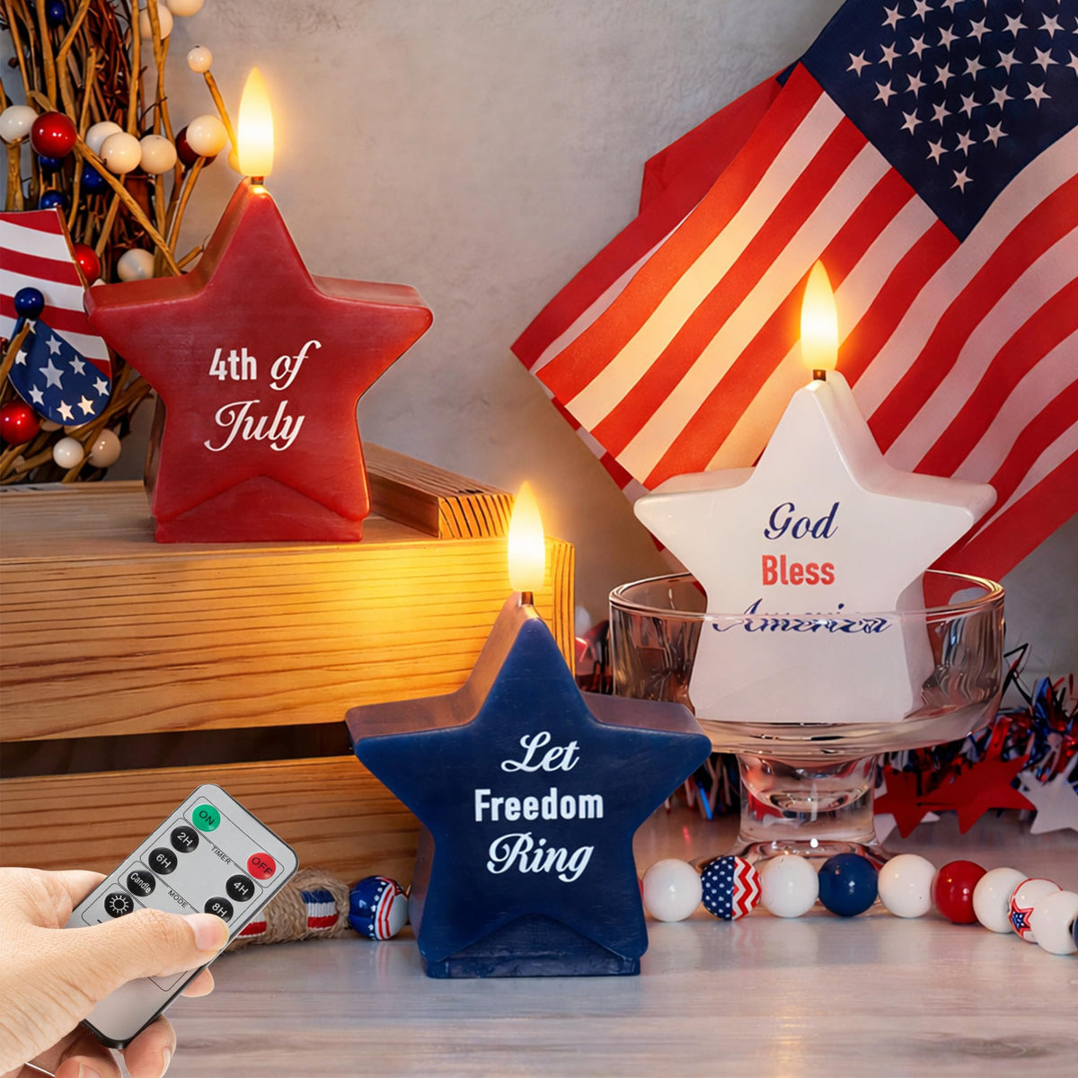 4Th Of July Flameless Candles With Remote, 250Th Anniversary Patriotic Red White And Blue Battery Operated Star Shaped Led Candl