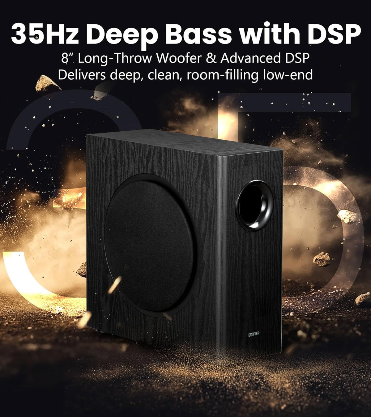 Edifier T5s Powered Active Subwoofer with 70W RMS, 8" Long-Throw Woofer, Deep Bass (35Hz) Speaker, Built-in Amp, Low Distortion, Phase Selector & Energy-Efficient for Home & Studio Audio, Black