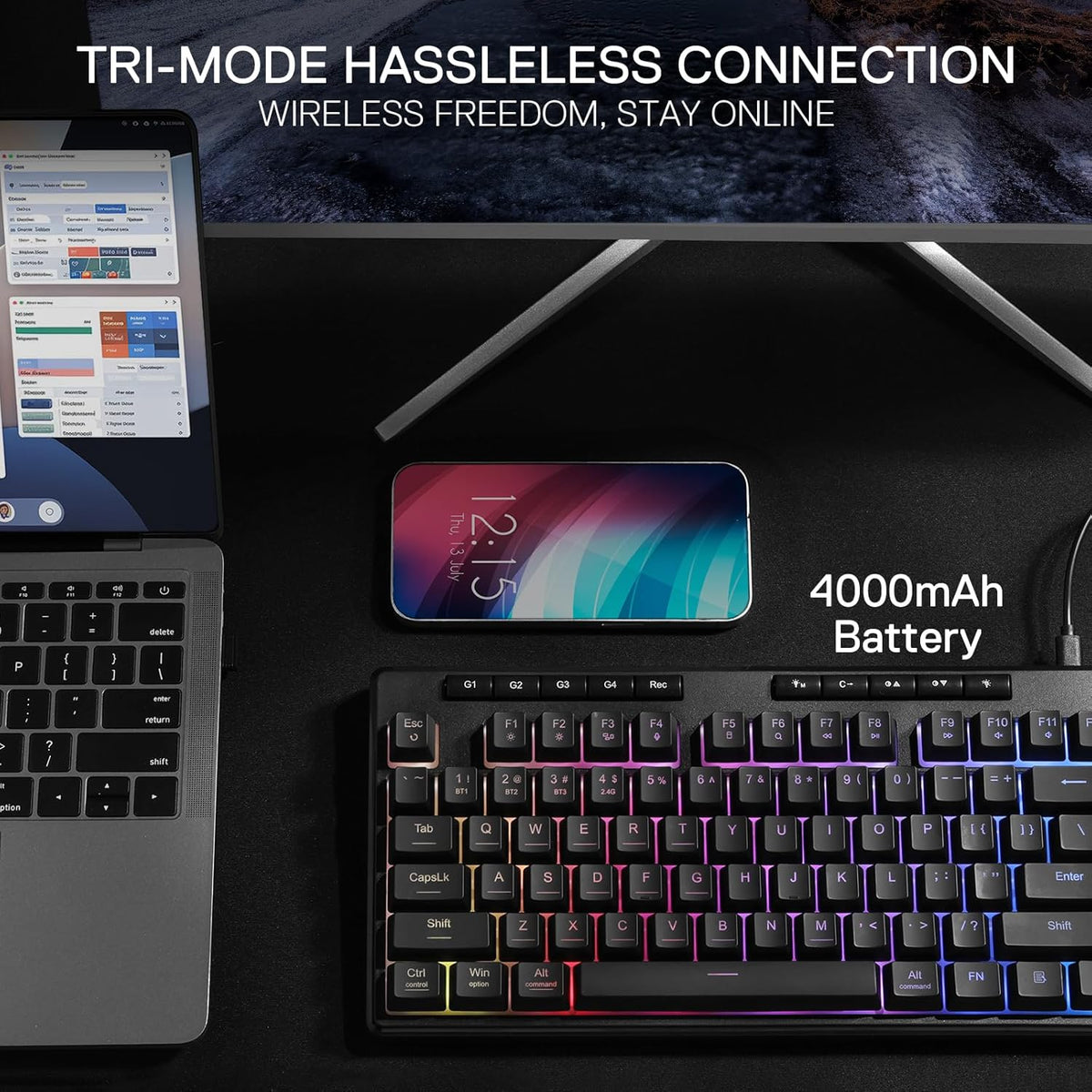 Redragon K516 PRO Shiva TKL RGB Wireless Membrane Gaming Keyboard, 87 Keys Mechanical-Feel Keyboard w/Smooth Linear Switch, On-Board Macro & Multimedia Keys, 16.8M RGB Backlit, Software Supported