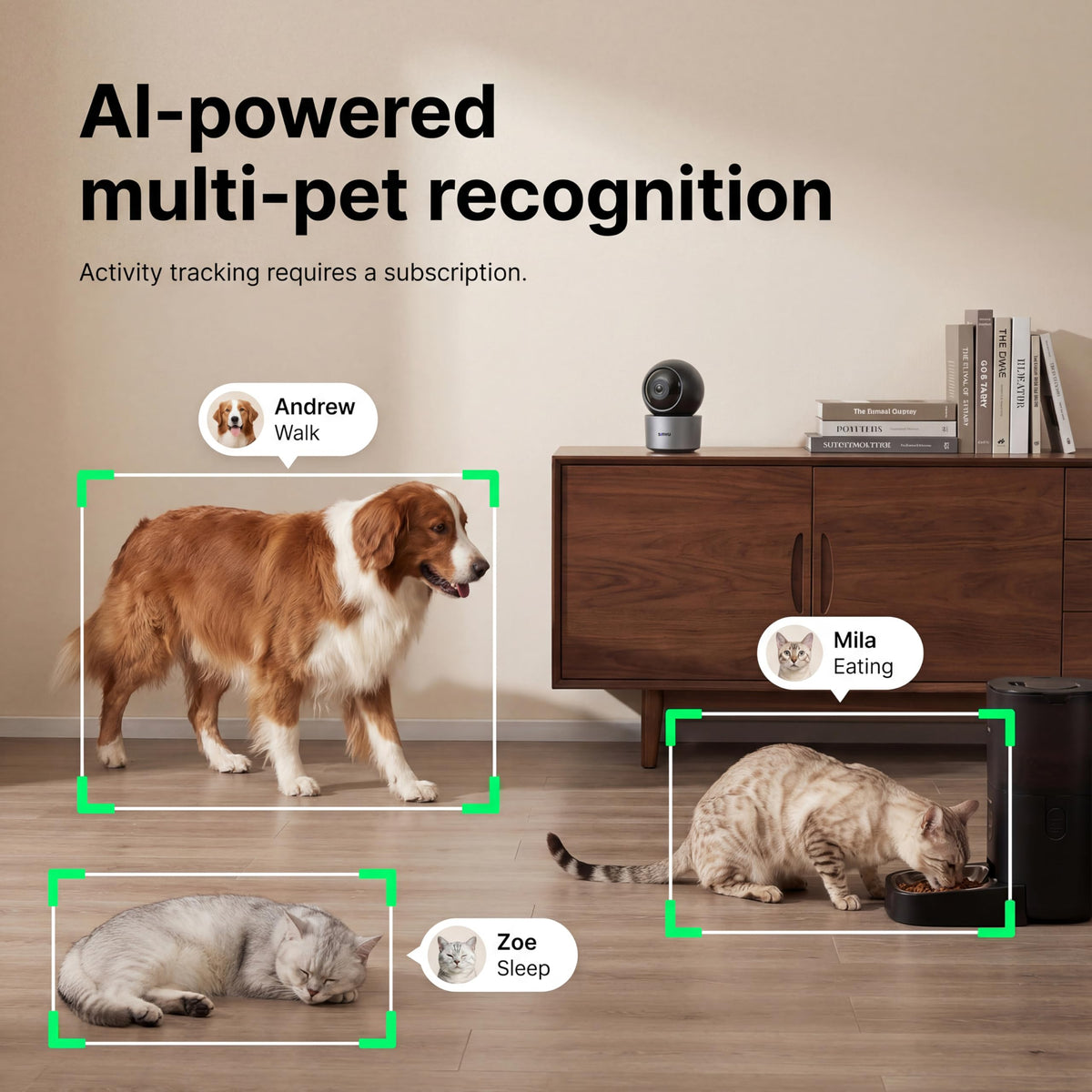 Sirwu AI Pet Camera Indoor with Phone App, Dog Camera with Speaker, Multi-Pet Recognition & AI Day Summary, 2K 3MP Cat Camera for Indoor, 360° Auto