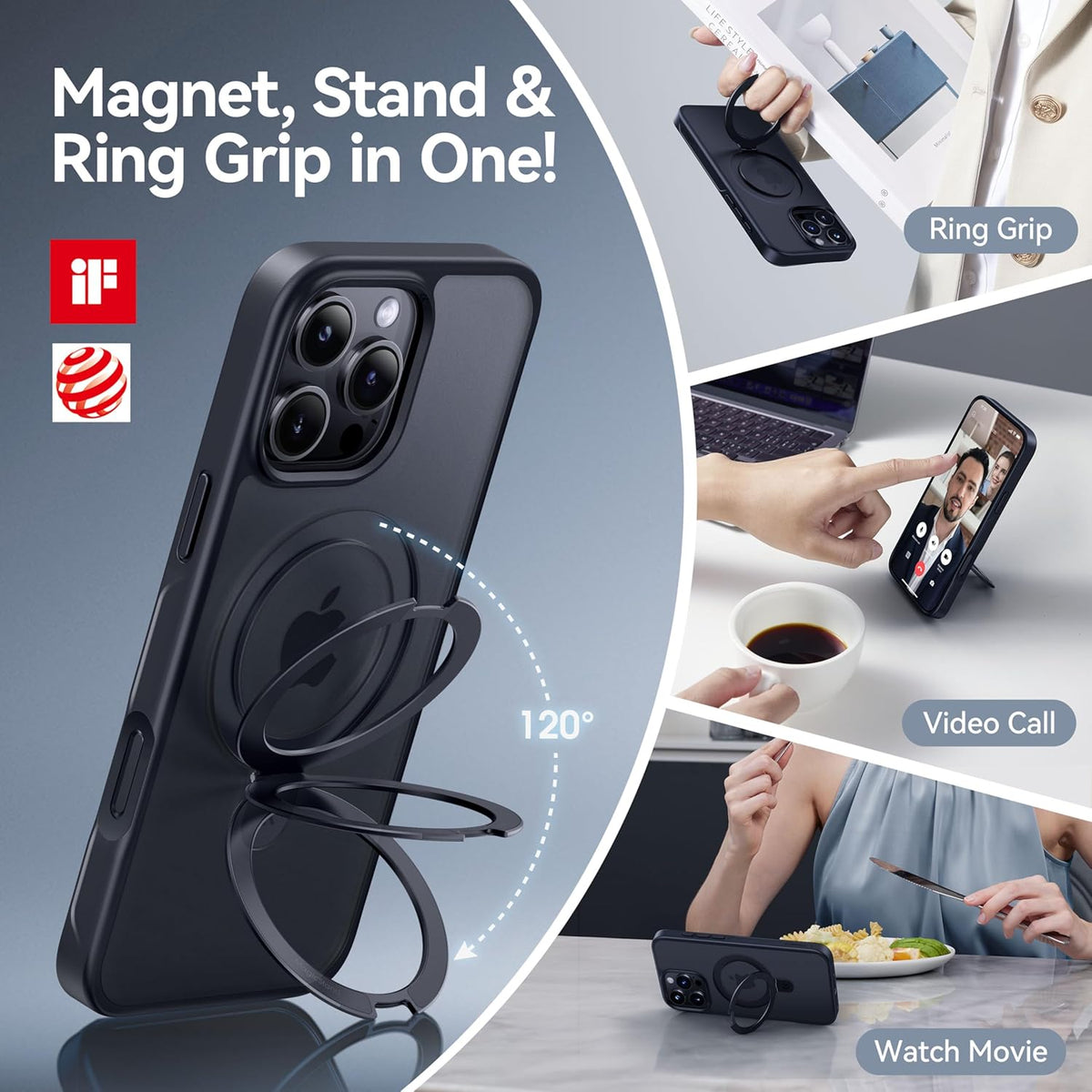 CASEKOO Designed for iPhone 16 Pro Max Case with Magnetic Invisible Stand [Military Drop Protection] [Compatible with MagSafe] Shockproof Slim Translucent Matte Promax Case 6.9 Inch, Black