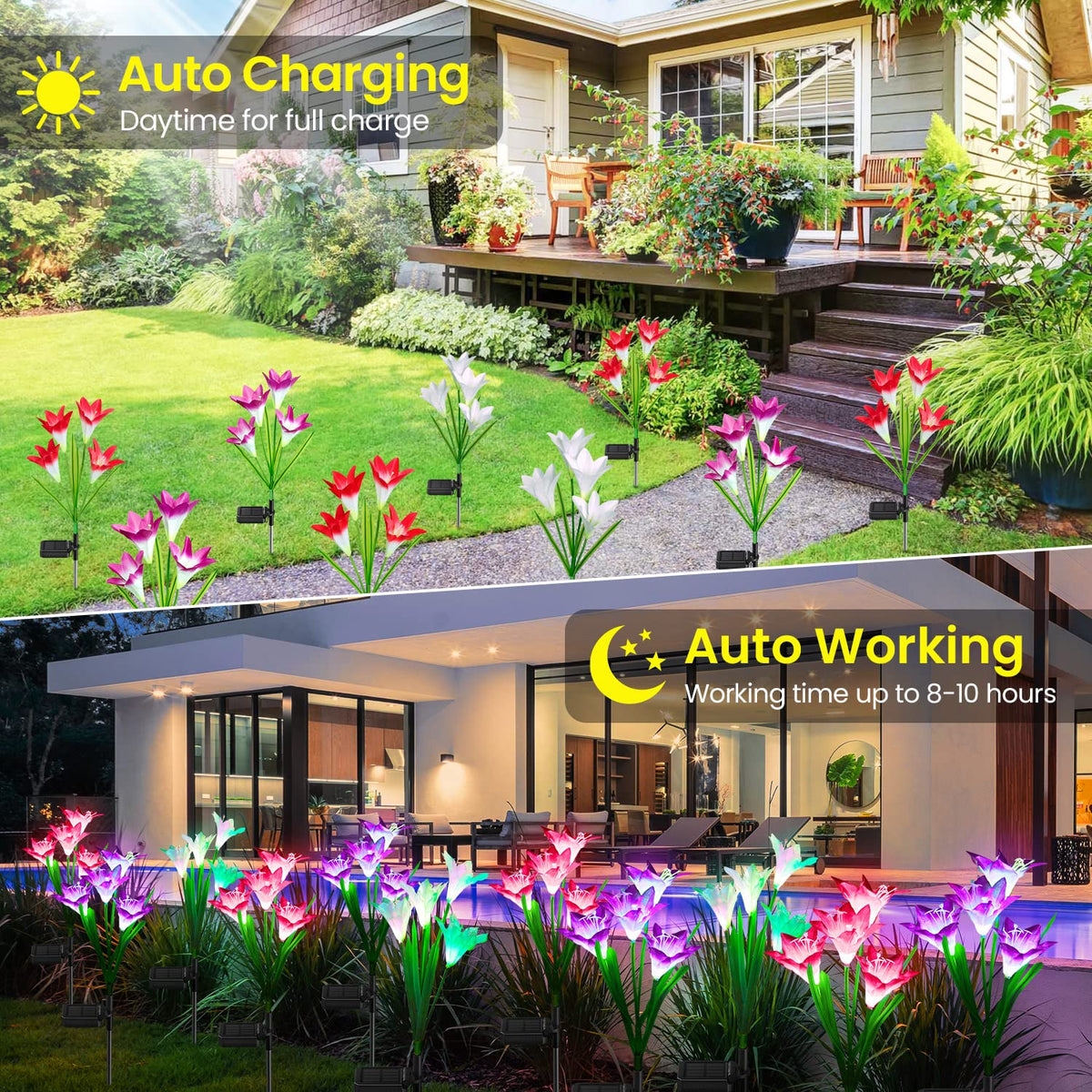 KOOPER Outdoor Solar Lights, 4 Pack Solar Garden Light with Bigger Lily Flowers, Waterproof 7 Color Changing Solar Lights Outdoor - Bigger Panel