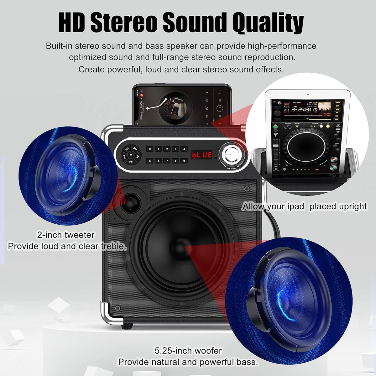 Bluetooth Speaker with Two Wireless Microphones, Outdoor Speaker with Subwoofer/Tweeter, Portable PA Speaker System with Remote Control, Discol Lights, FM, REC for Home, Party