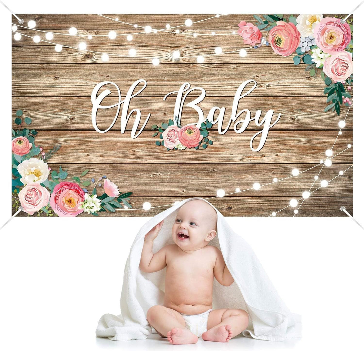 Rustic Wood Baby Shower Backdrop Banner Oh Baby Floral Decorations for Girls and Boys Birthday Party Supplies