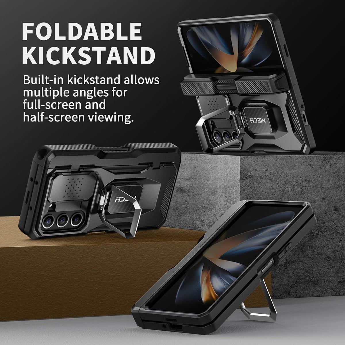 TONGATE for Z Fold 5 Case with Ring Stand, Built-in S Pen Holder & Glass Screen Protector Shockproof Rugged Z5 Phone Case with Slide Camera Cover& Belt Clip for Samsung Galaxy Z Fold 5, Privacy Black