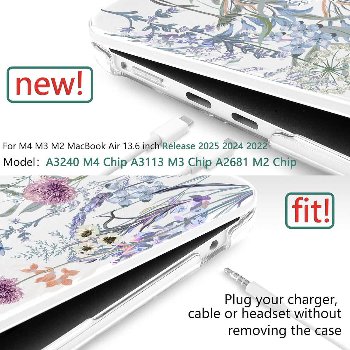 TWOLSKOO Compatible with M4 MacBook Air 13.6 inch Case 2025-2022 Release M4 A3240 M3 A3113 M2 A2681, Plastic Hard Shell & Keyboard Cover & Type C Adapter & Screen Protector, Dandelions