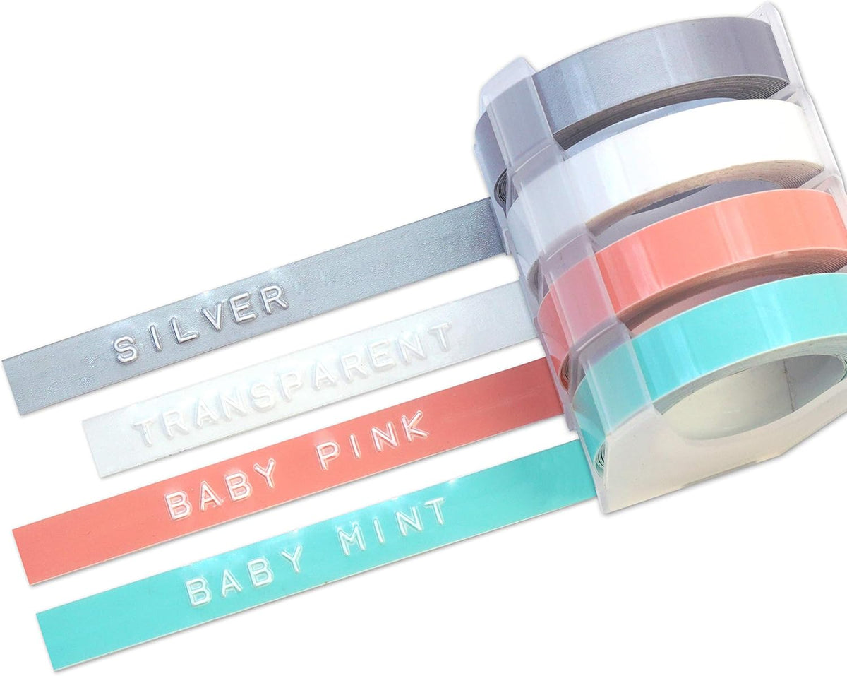 Motex Refill Tape for Embossing Label Maker, 4 Color Tapes, 3/8-Inch (Baby Pink, Baby Mint, Silver, Transparent)