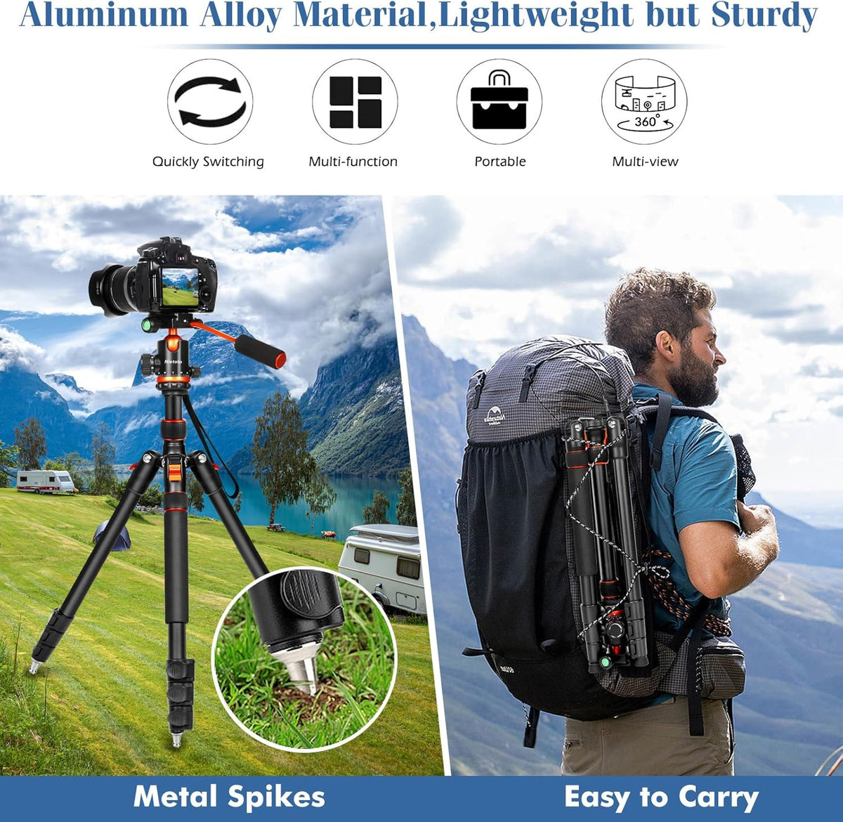 Camera Tripods & Projector Stand, 2 in1 Tripod for Camera with Removable Metal Tray, Heavy Duty Tripod for DSLR. Projector. Sheet Music and Tablet, Extra Metal Spikes and Carry Bag