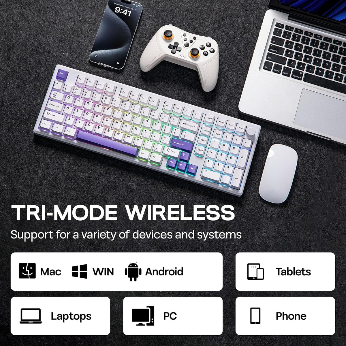 EPOMAKER Galaxy100 QMK/VIA Wireless Mechanical Keyboard with 8000mAh Battery and Numpad, CNC Aluminum, Full Size Gaming Keyboard, USB-C/BT5.0/2.4Ghz (White Purple, Wisteria Linear Switch)