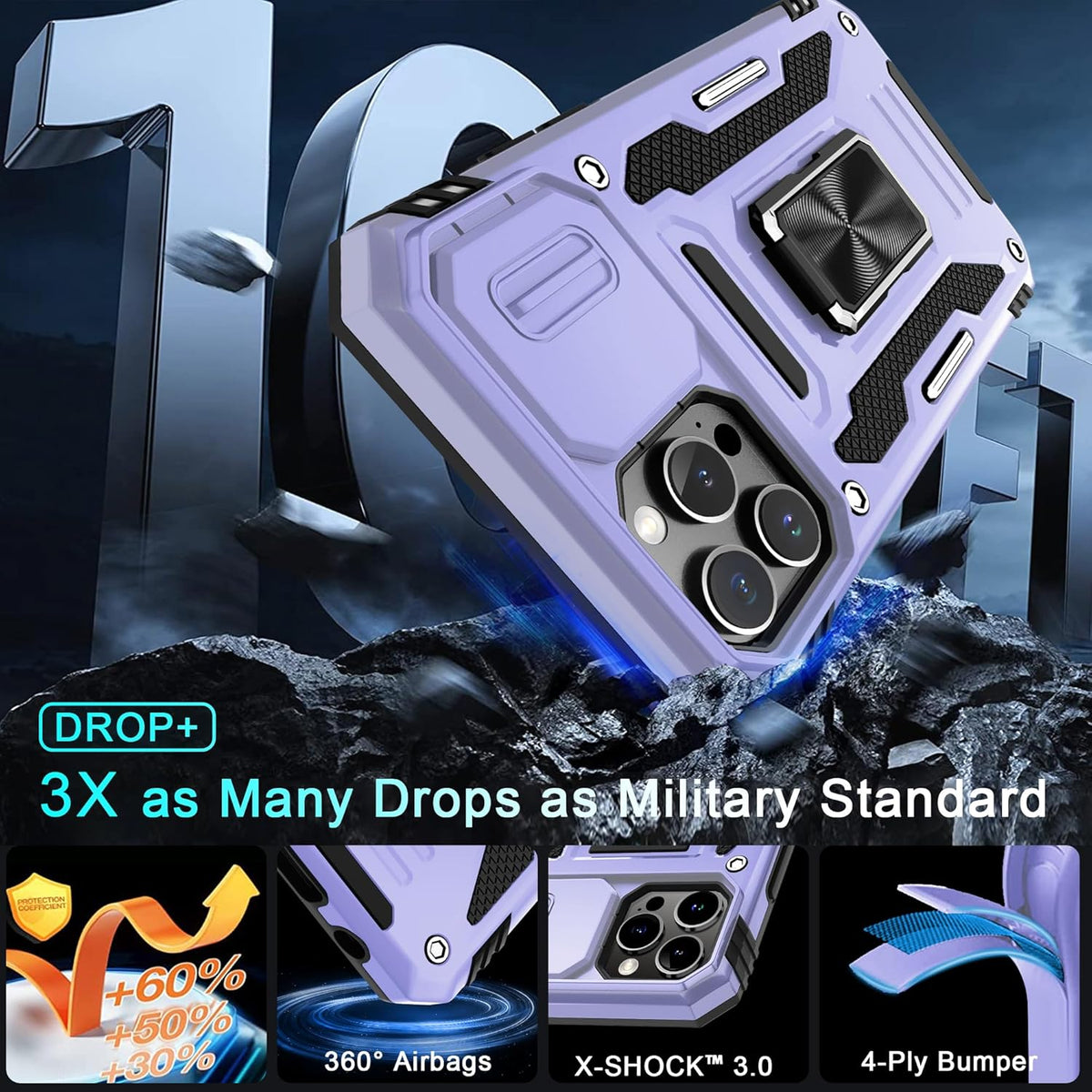 DEERLAMN iPhone 12 Pro Max Case - Light Purple, Military Grade Shockproof, Slide Camera Cover, Screen Protector,