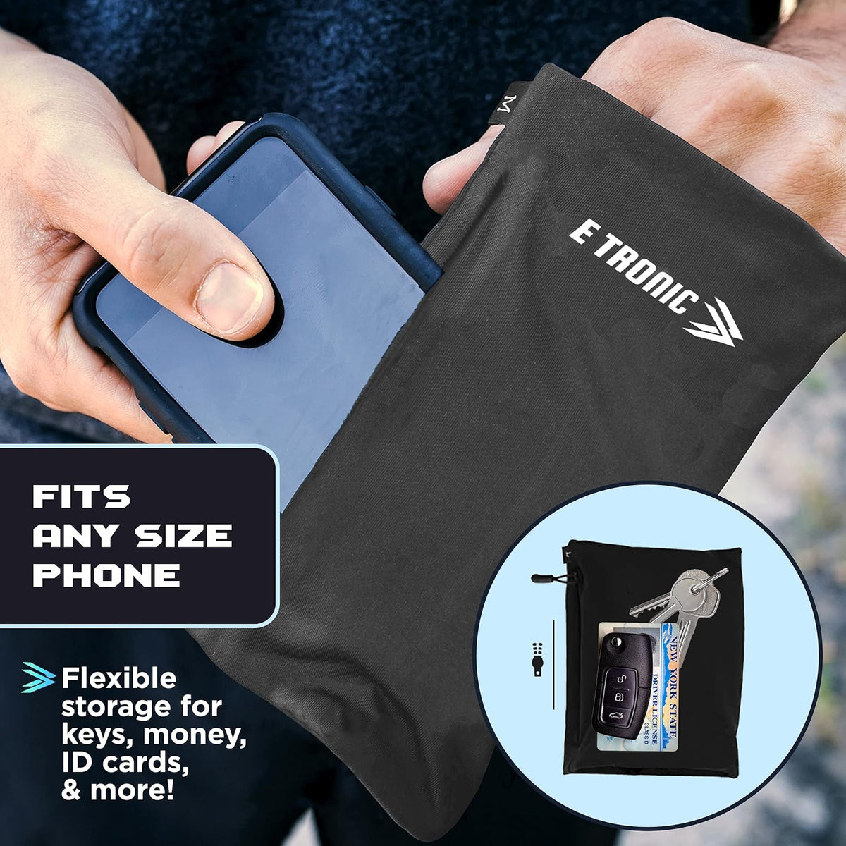 E Tronic Edge Phone Holder for Running, Black, Large, Cell Phone Arm Bands with Reflective Logo
