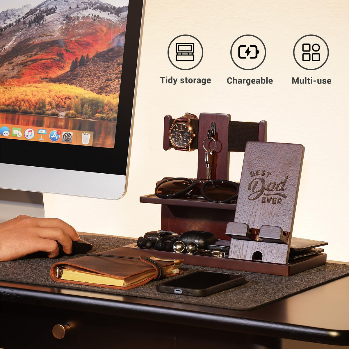 ProCase Gifts for Dad, Wood Phone Docking Station for Men, Dad Gifts From Daughter Son, Mens Nightstand Organizer, Anniversary Birthday Gifts for Dad