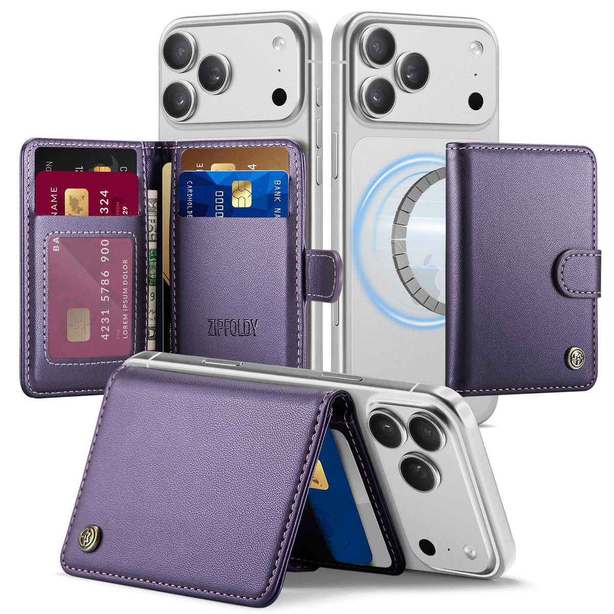 ZipFoldy for Magsafe Wallet, Magnetic Phone Wallet with RFID Blocking 6-Card Holder for Men Women Minimalist Slim PU Leather Kickstand for iPhone 17