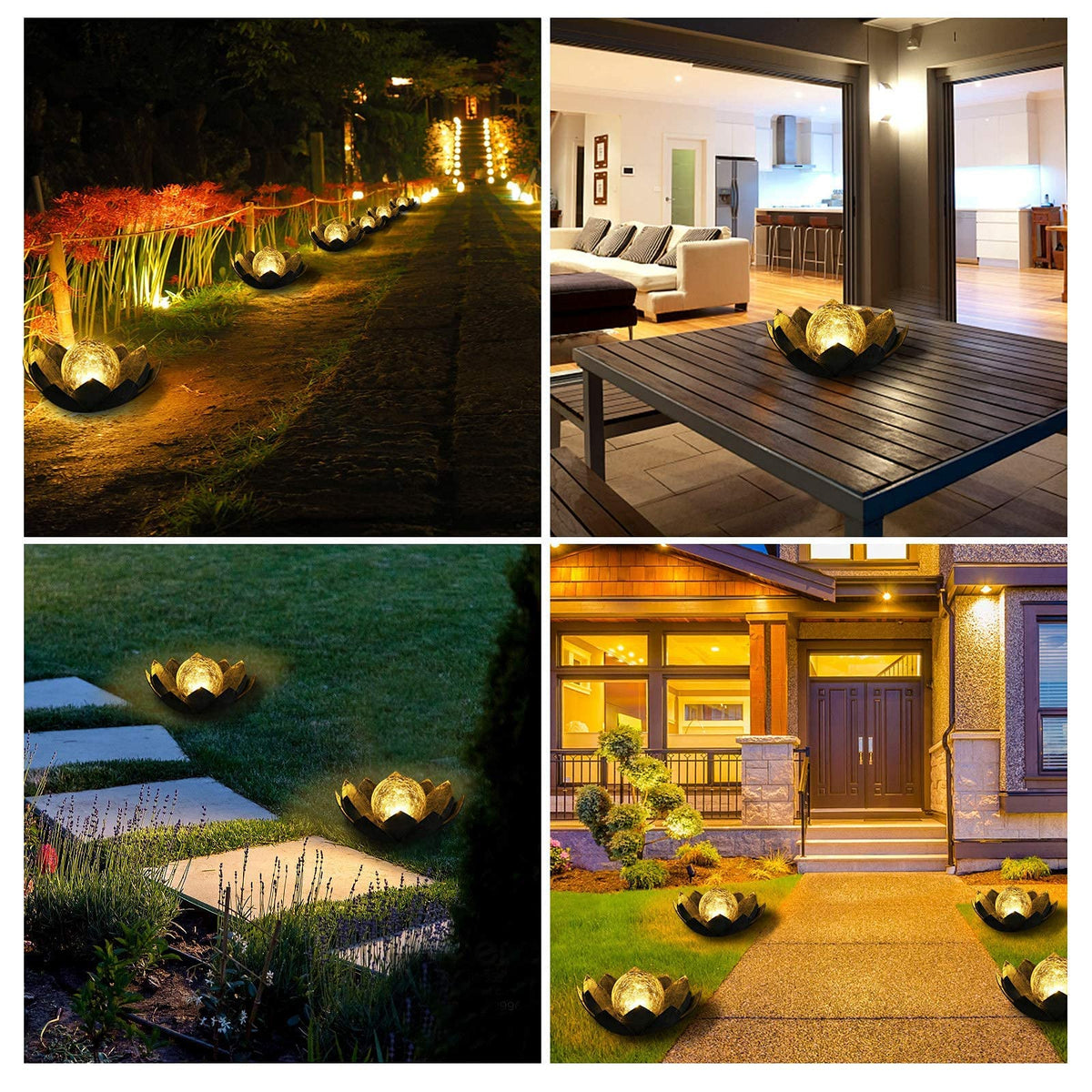 Huaxu Solar Lights Outdoor Garden, Crackle Globe Glass Lotus Decor, Waterproof LED Metal Flower Decorations for Patio,Lawn,Walkway,Tabletop,Ground