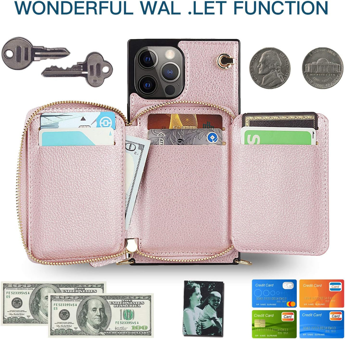 Asuwish iPhone 12 Pro Max Wallet Case: Leather Flip Cover with Zipper Card Holder, Screen Protector, Stand - Rose Gold.