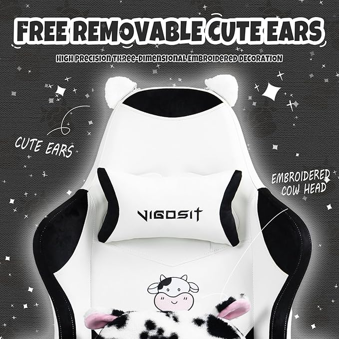 Cute Gaming Chair with Footrest - Ergonomic Computer Chair Cow Print Design High Back PU Leather Office Chairs with Lumbar Support for Adults