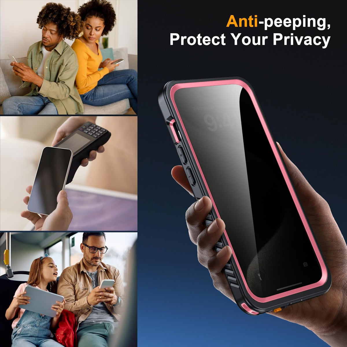 for iPhone 15 Pro Case Waterproof, Built-in Privacy Screen & HD Screen Double Front Frame [IP68 Underwater] Shockproof Dustproof Full Body Protection iPhone 15 Pro Phone Case Pink