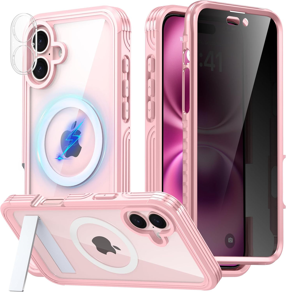 360° Protection Magnetic for iPhone 16 Case Built-in 9H Privacy Screen Protector & Metal Stand[Fit for Magsafe][Anti-Spy][Lens Protector] Heavy Duty Shockproof Phone Case for iPhone 16(Pink)