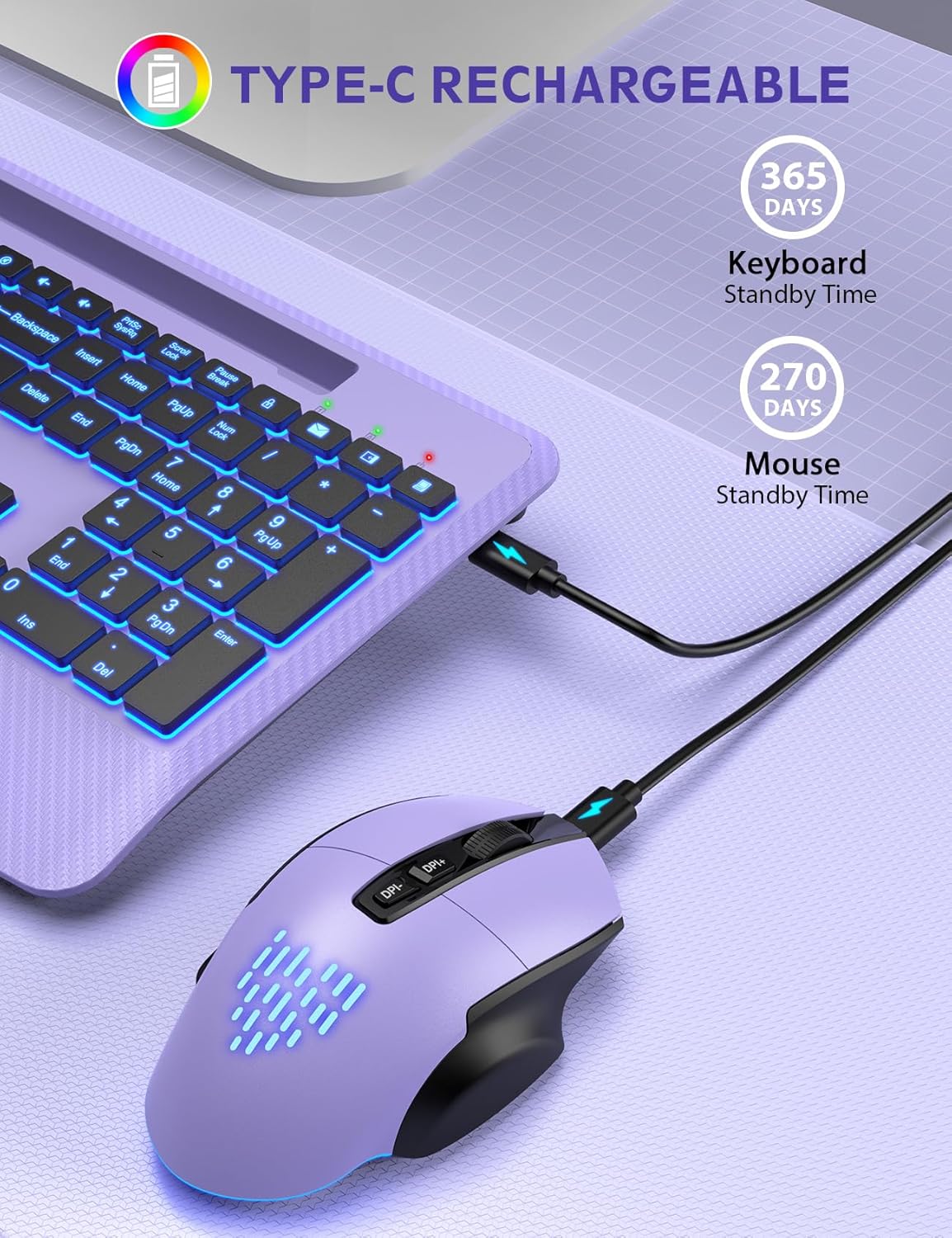 Wireless Keyboard and Mouse Backlits, Wrist Rest, LED Mouse, Rechargeable Ergonomic Keyboard with Phone Holder, Silent Light Up Combo for Computer, Mac, PC, Laptop, Chromebook (Purple)