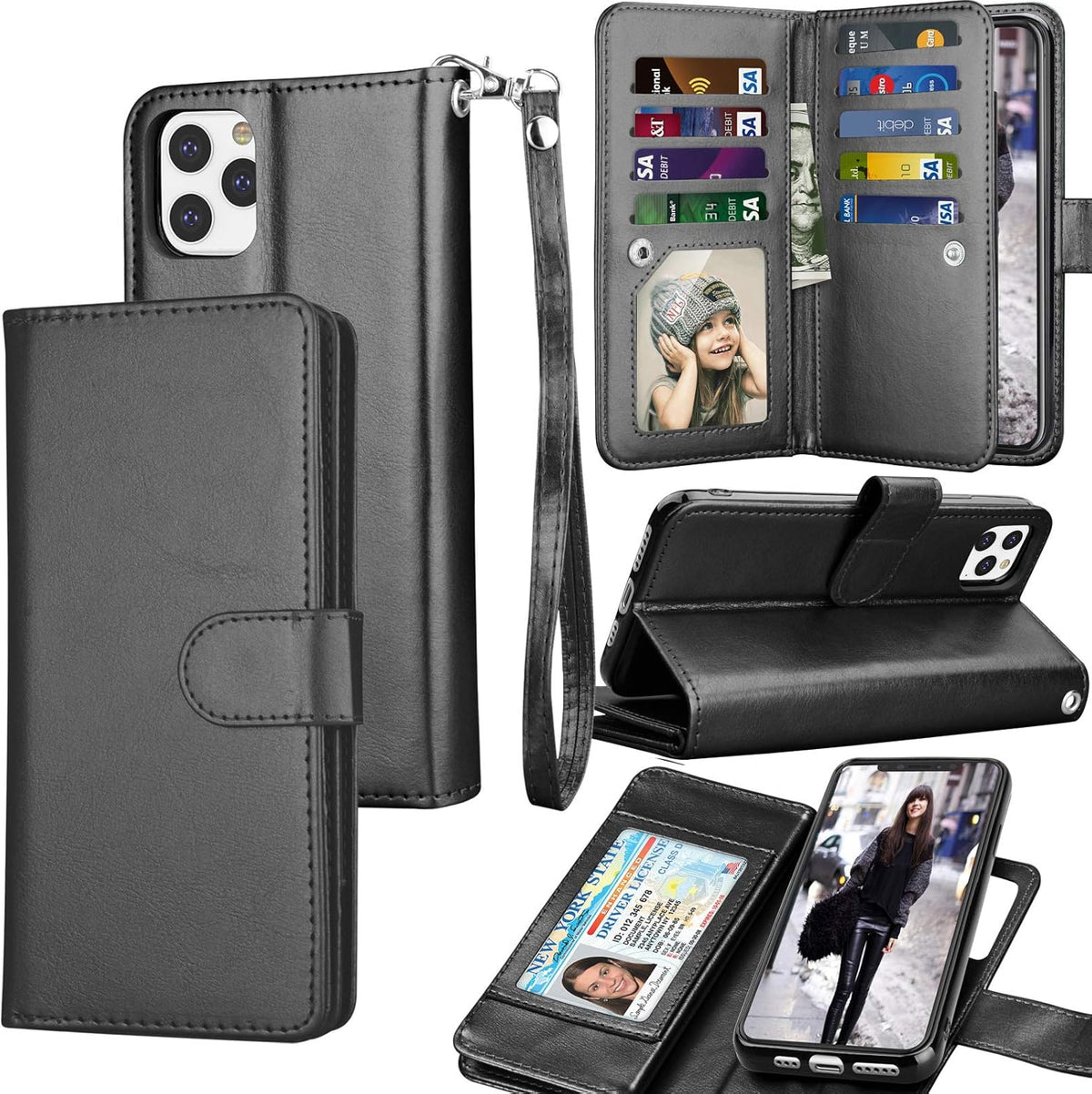 Tekcoo Wallet Case for iPhone 11 Pro, Luxury ID Cash Slots Holder, Black Detachable Magnetic