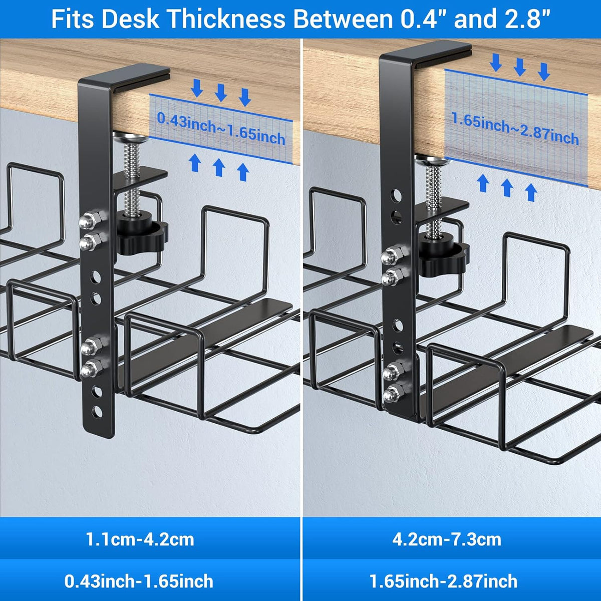 LUXEAR Under Desk Cable Management Tray 2Pack, Adjustable Removable Docking Station Wires Holder Rack, No Drill C-Clamp