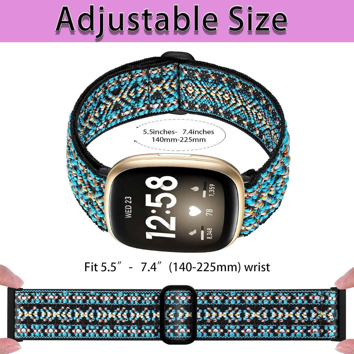 Elastic Bands for Fitbit Versa 4 & Sense 2, Adjustable Stretchy Straps Replacement for Versa 3 & Sense Bands